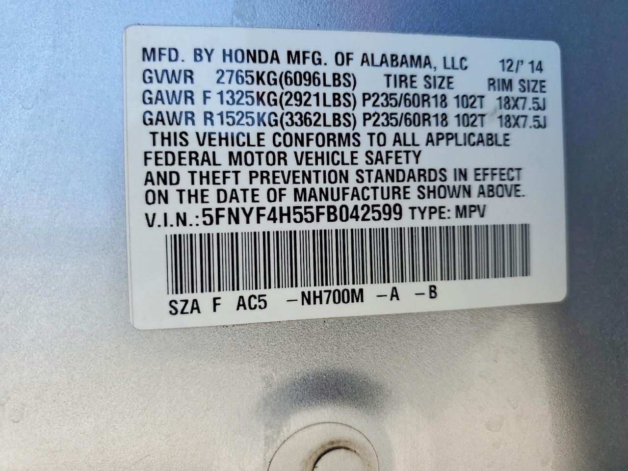 2015 Honda Pilot Exl Silver vin: 5FNYF4H55FB042599