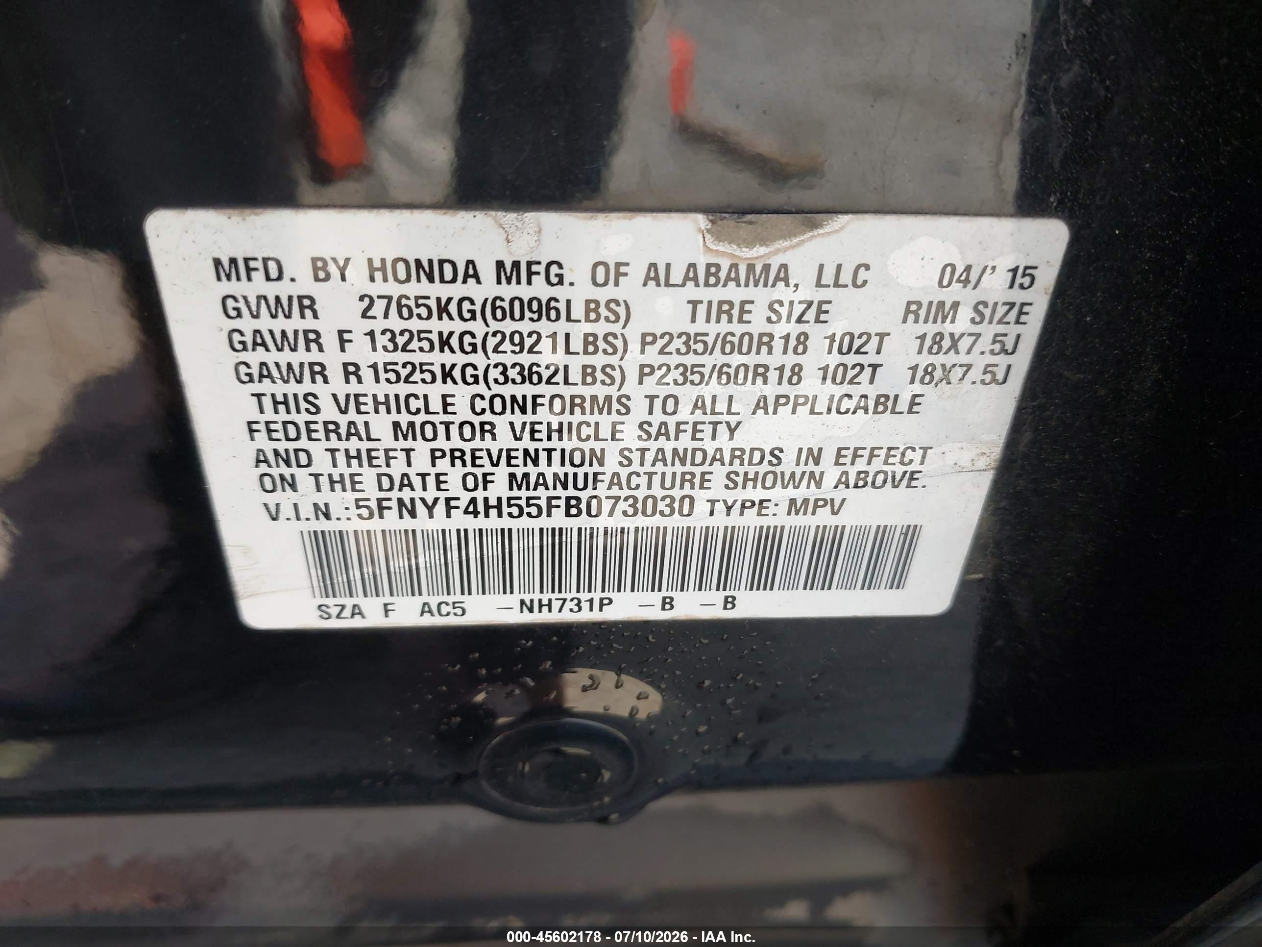 2015 Honda Pilot Ex-l Black vin: 5FNYF4H55FB073030