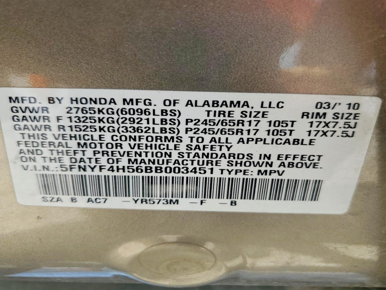 2011 Honda Pilot Exl Beige vin: 5FNYF4H56BB003451