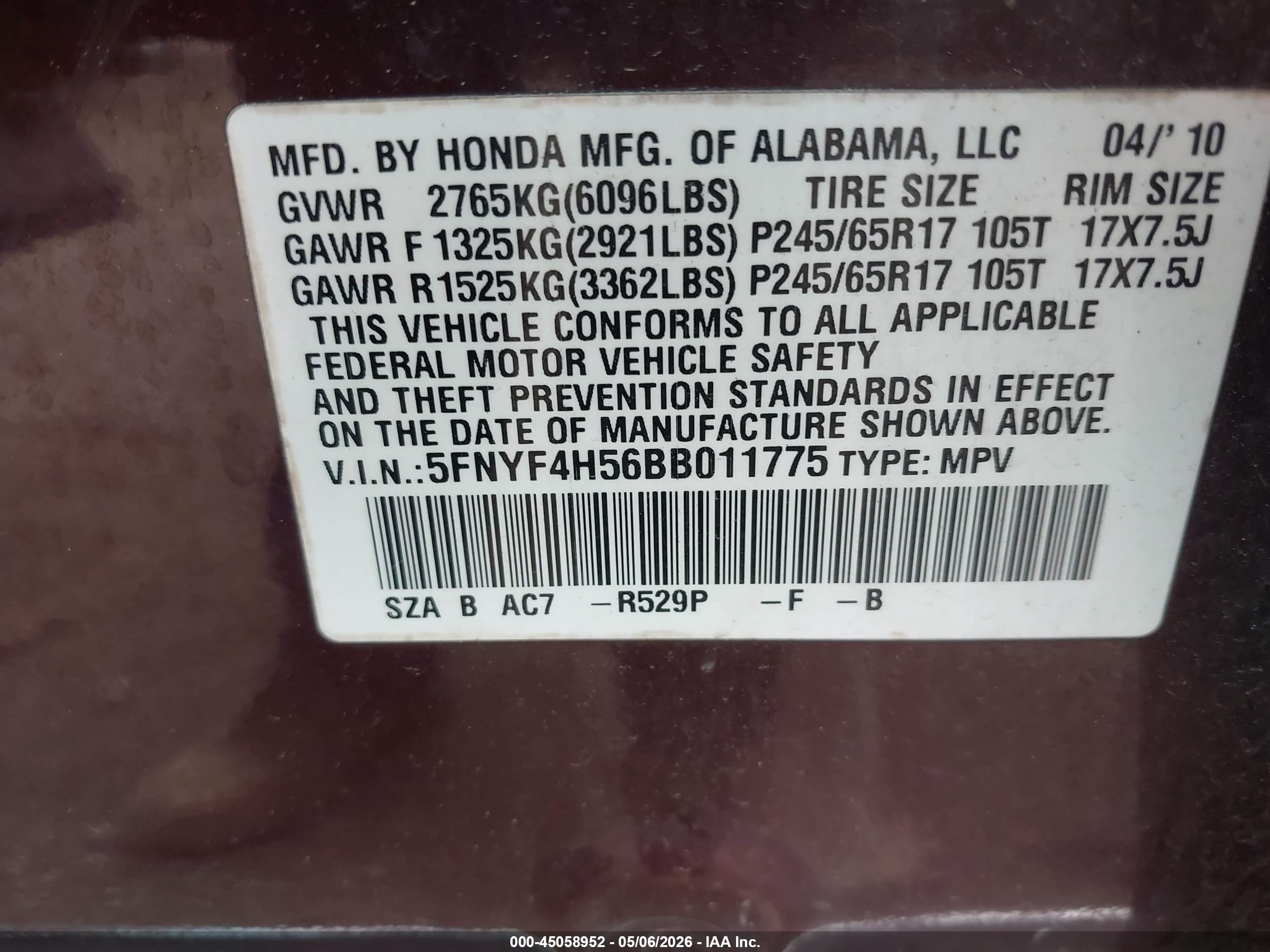2011 Honda Pilot Ex-l Фиолетовый vin: 5FNYF4H56BB011775