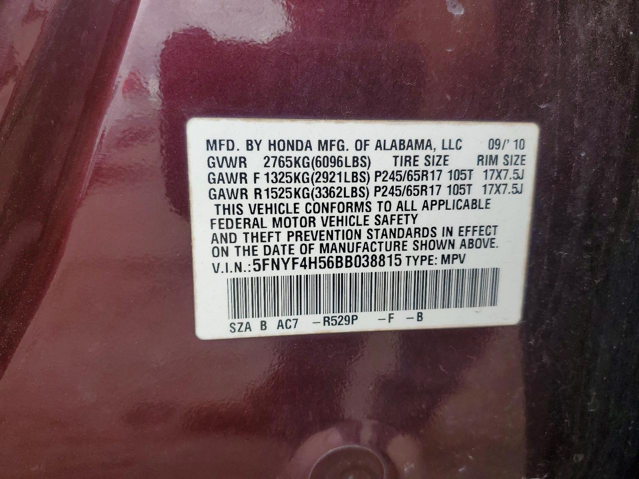2011 Honda Pilot Exl Burgundy vin: 5FNYF4H56BB038815