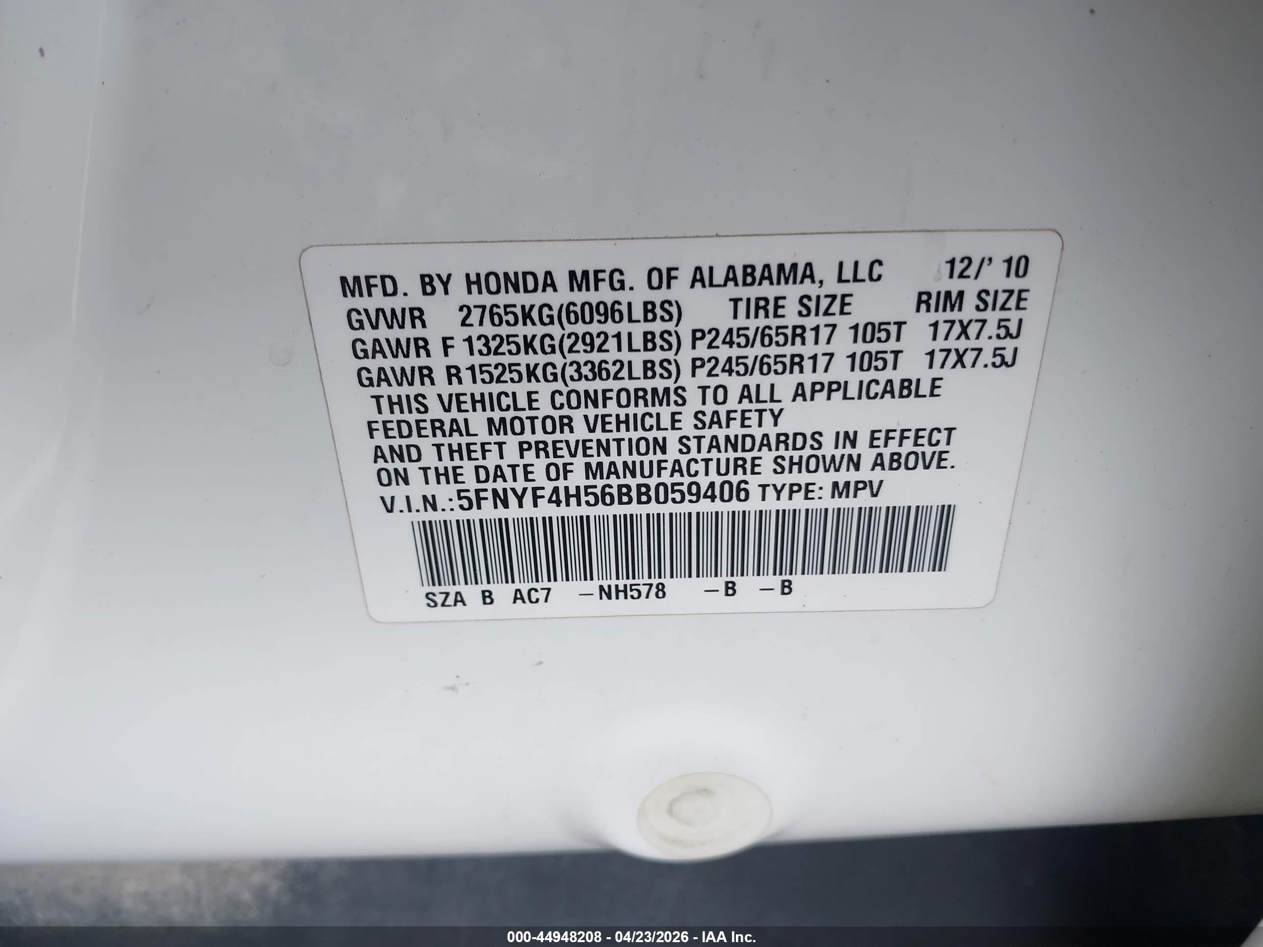 2011 Honda Pilot Ex-l White vin: 5FNYF4H56BB059406