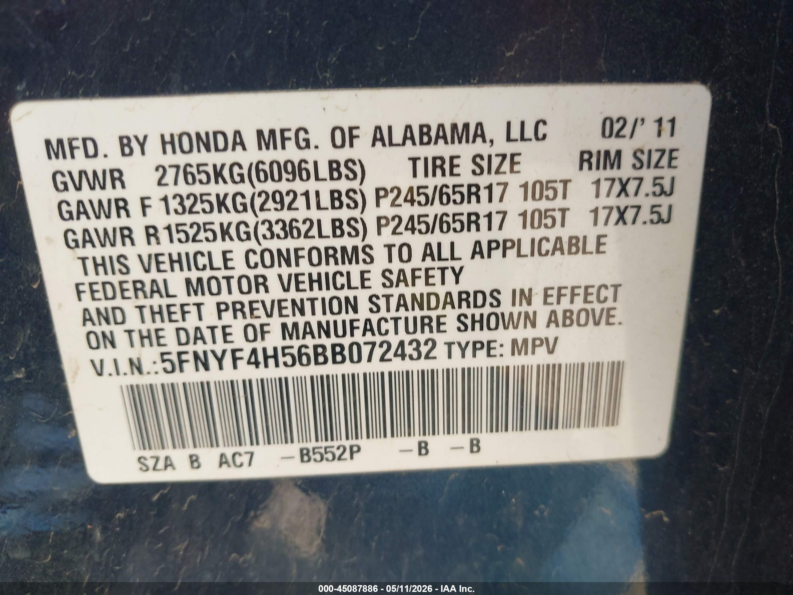 2011 Honda Pilot Ex-l Blue vin: 5FNYF4H56BB072432