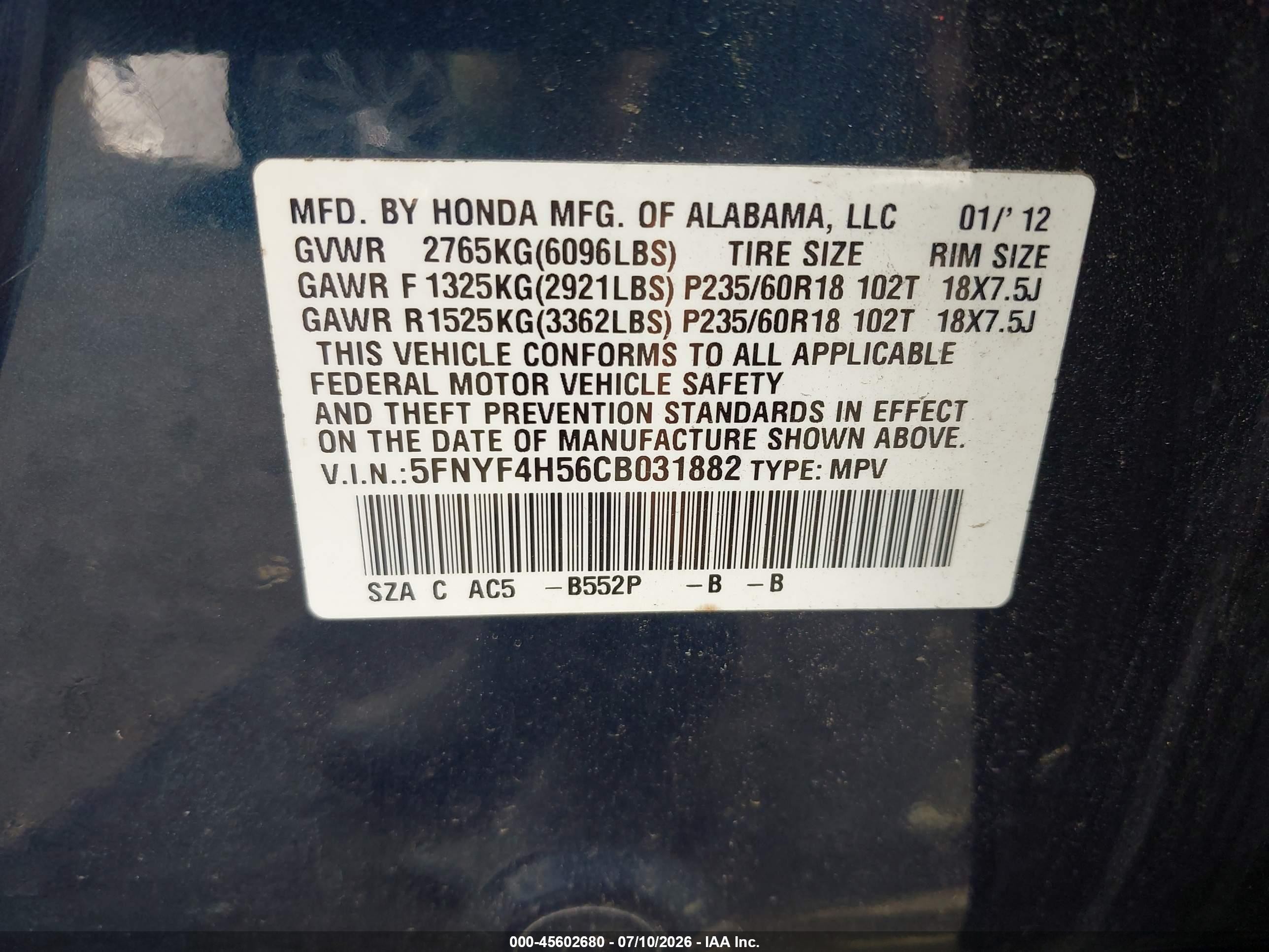 2012 Honda Pilot Ex-l Blue vin: 5FNYF4H56CB031882