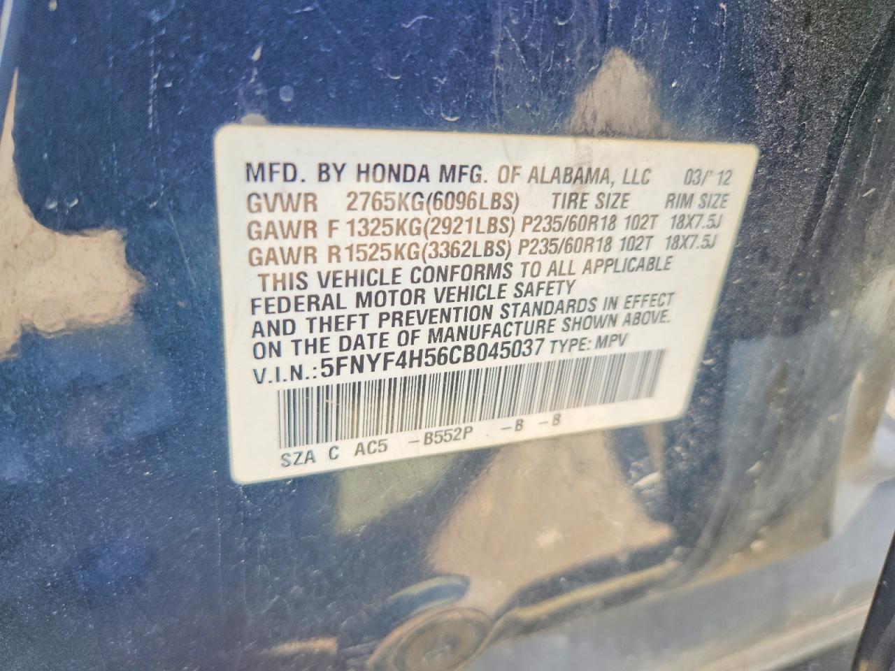 2012 Honda Pilot Exl Blue vin: 5FNYF4H56CB045037
