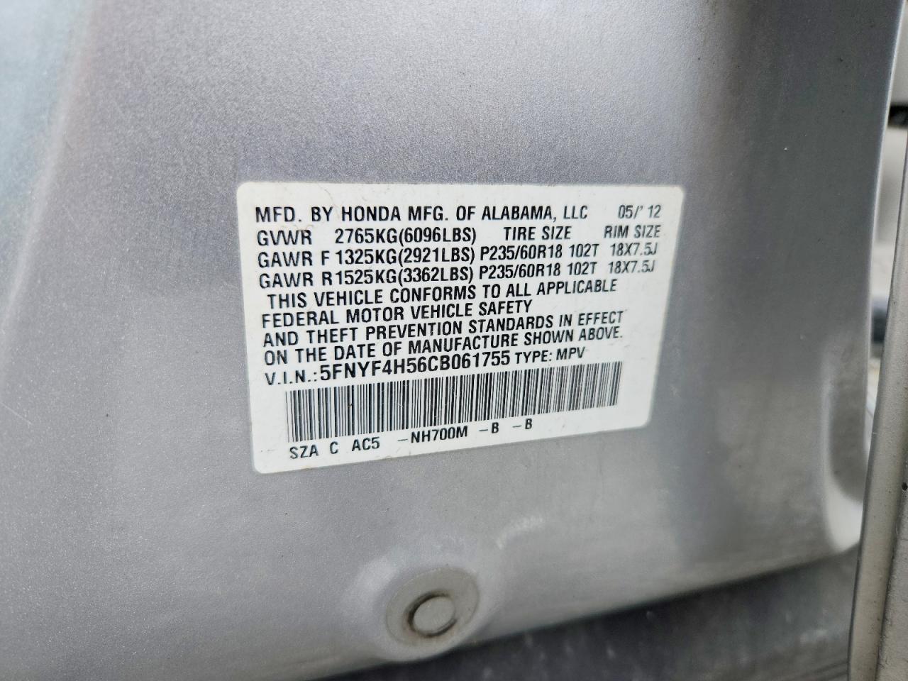 2012 Honda Pilot Exl Gray vin: 5FNYF4H56CB061755