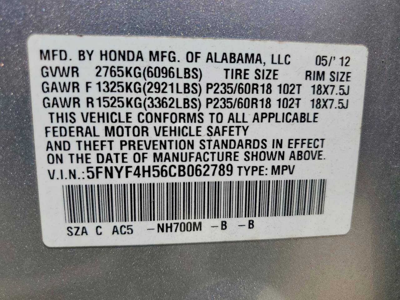 2012 Honda Pilot Exl Silver vin: 5FNYF4H56CB062789