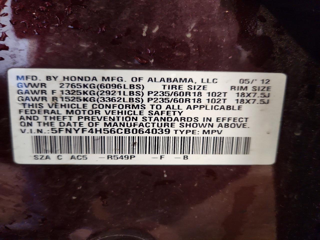 2012 Honda Pilot Exl Maroon vin: 5FNYF4H56CB064039