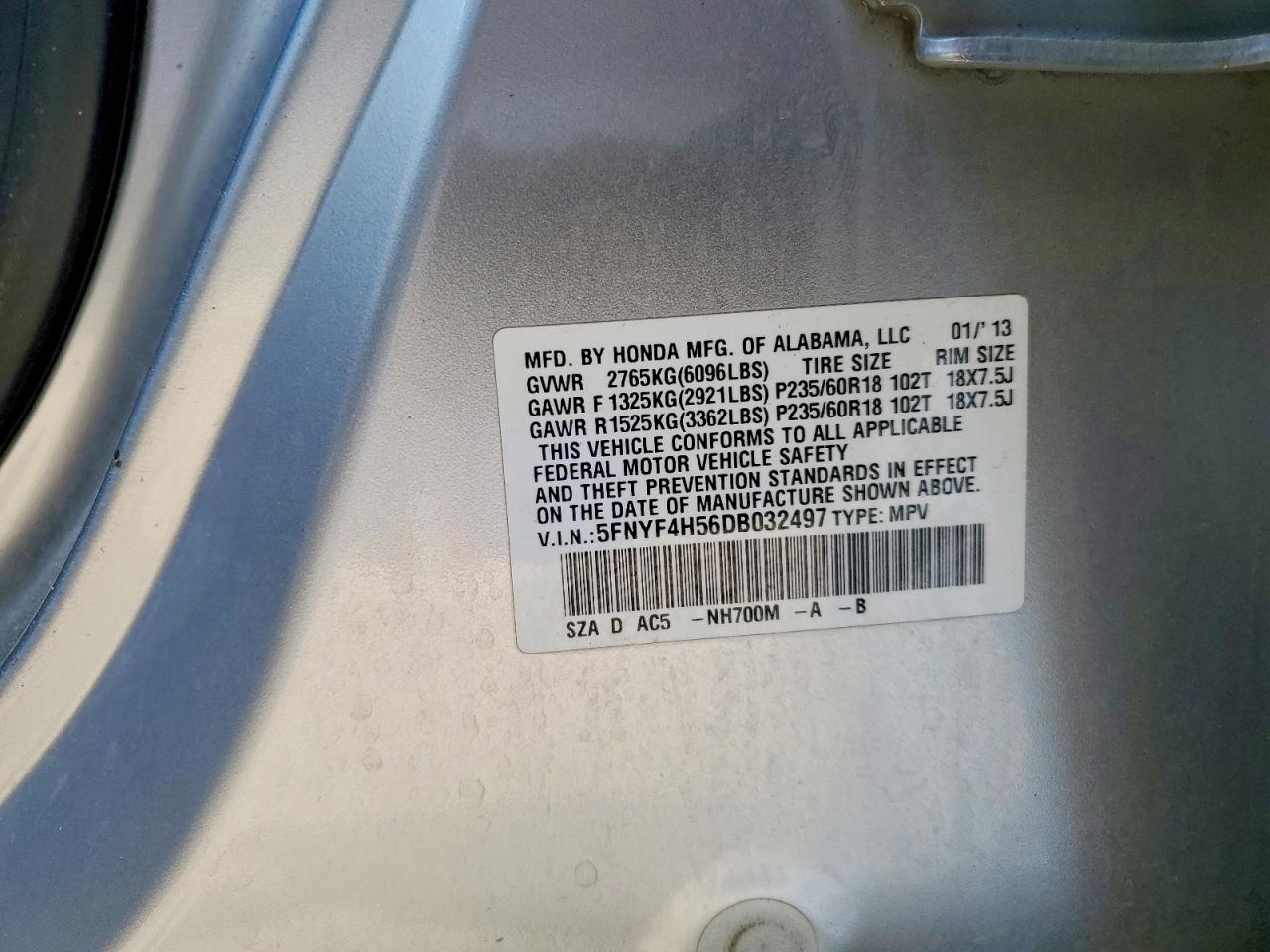 2013 Honda Pilot Exl Серебряный vin: 5FNYF4H56DB032497
