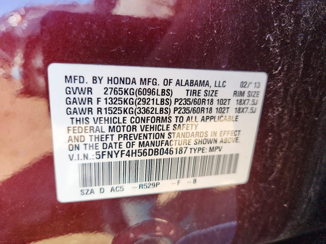 2013 Honda Pilot Exl Burgundy vin: 5FNYF4H56DB046187