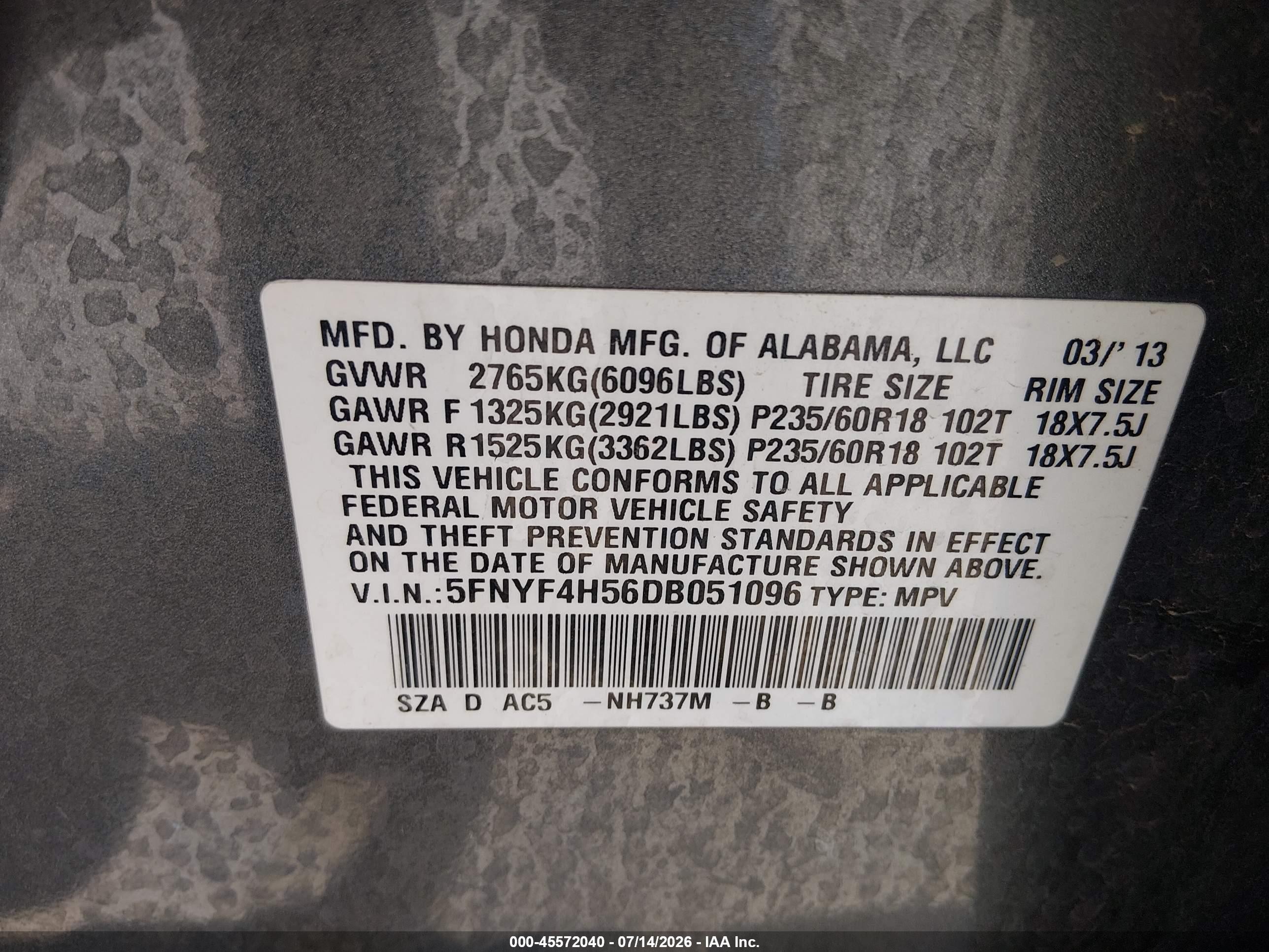 2013 Honda Pilot Ex-l Gray vin: 5FNYF4H56DB051096