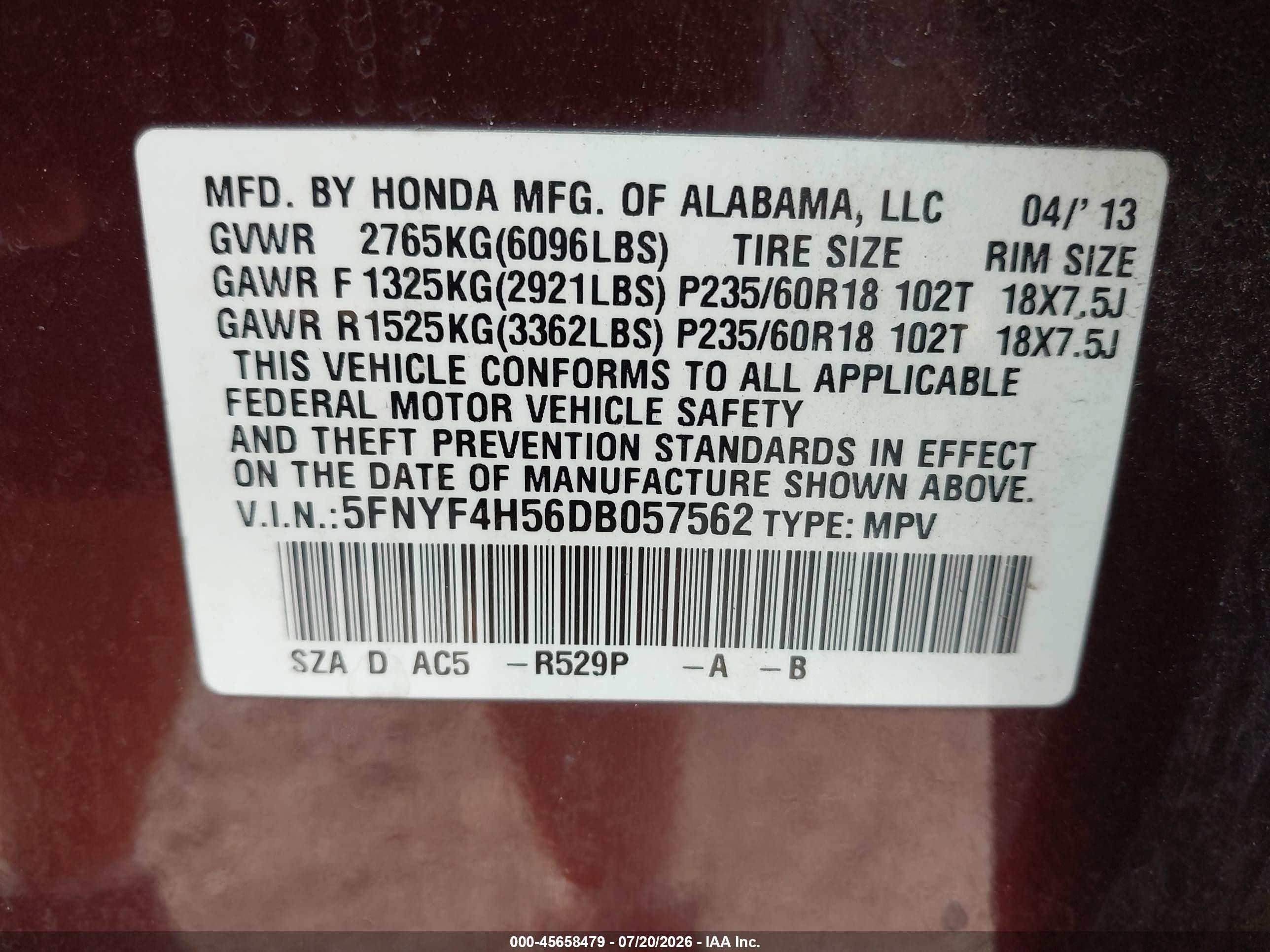 2013 Honda Pilot Ex-l Maroon vin: 5FNYF4H56DB057562
