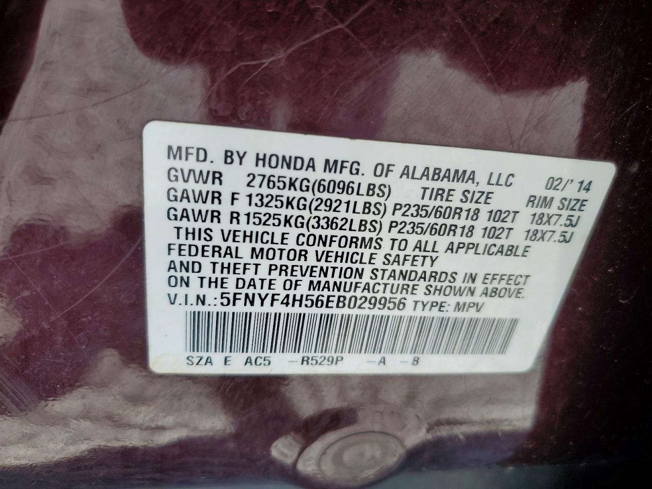 2014 Honda Pilot Exl Burgundy vin: 5FNYF4H56EB029956