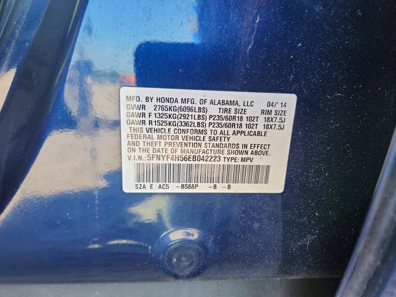 2014 Honda Pilot Exl Blue vin: 5FNYF4H56EB042223