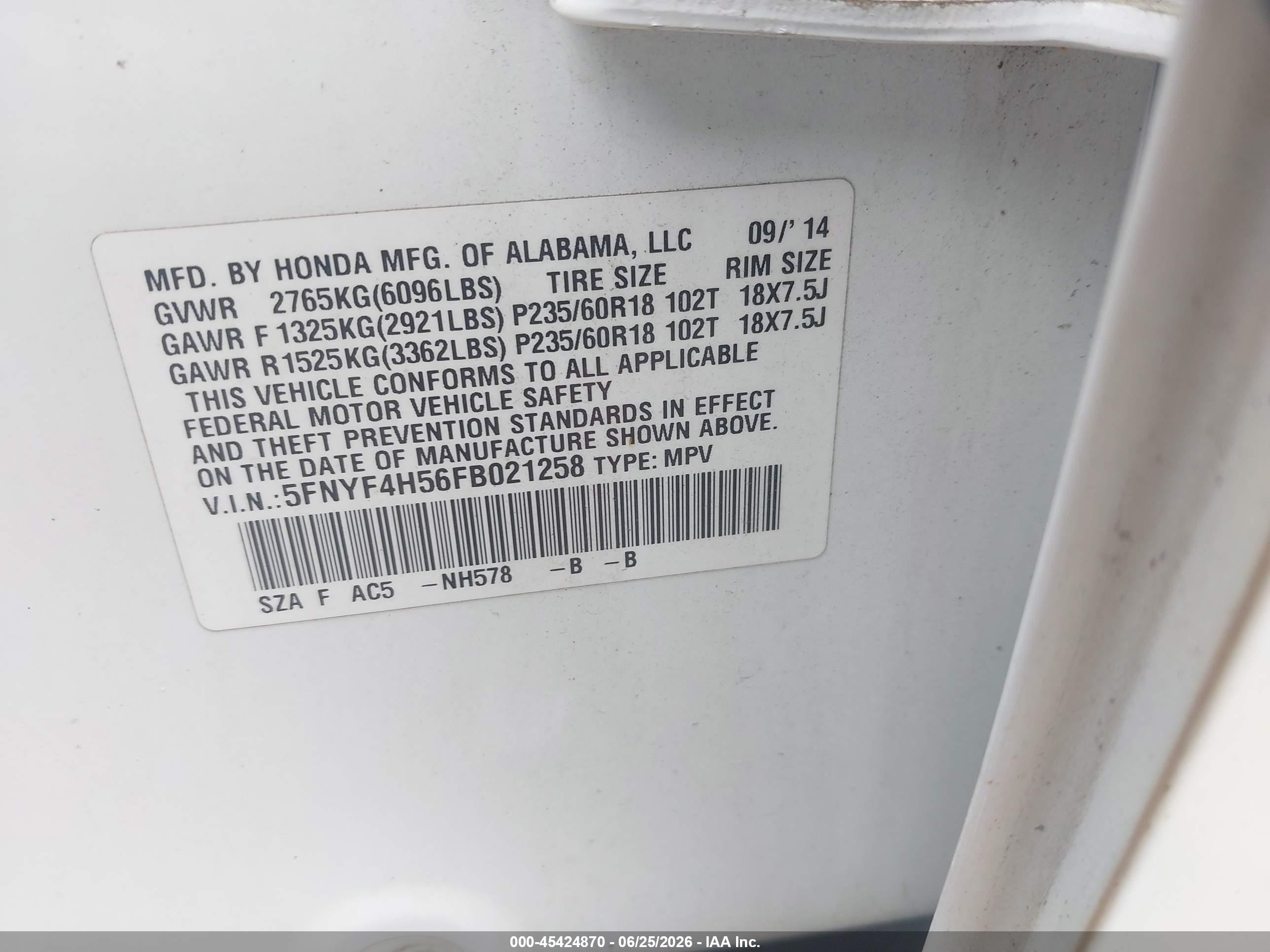 2015 Honda Pilot Ex-l White vin: 5FNYF4H56FB021258