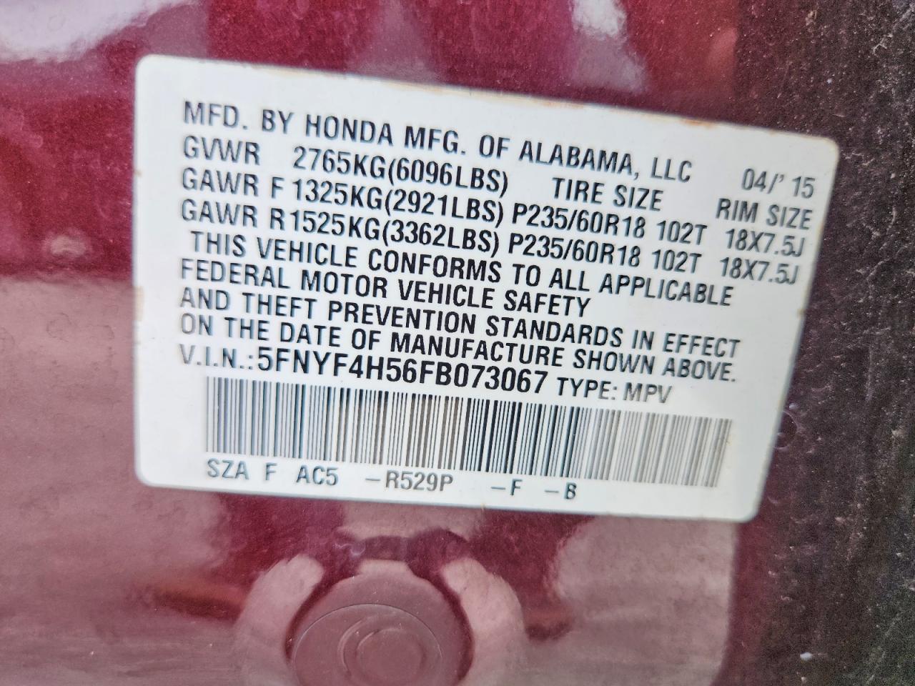 2015 Honda Pilot Exl Burgundy vin: 5FNYF4H56FB073067