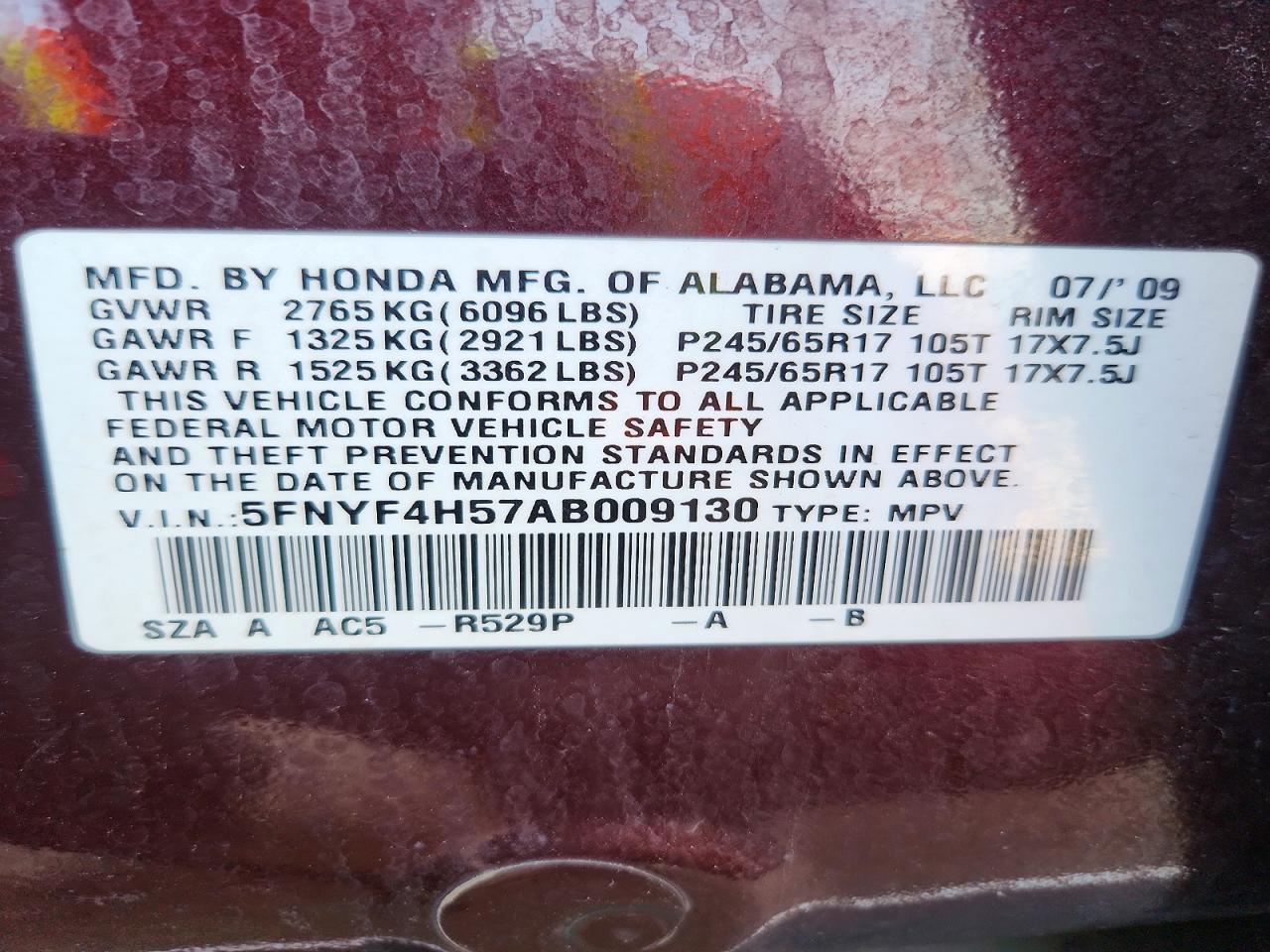 2010 Honda Pilot Exl Burgundy vin: 5FNYF4H57AB009130