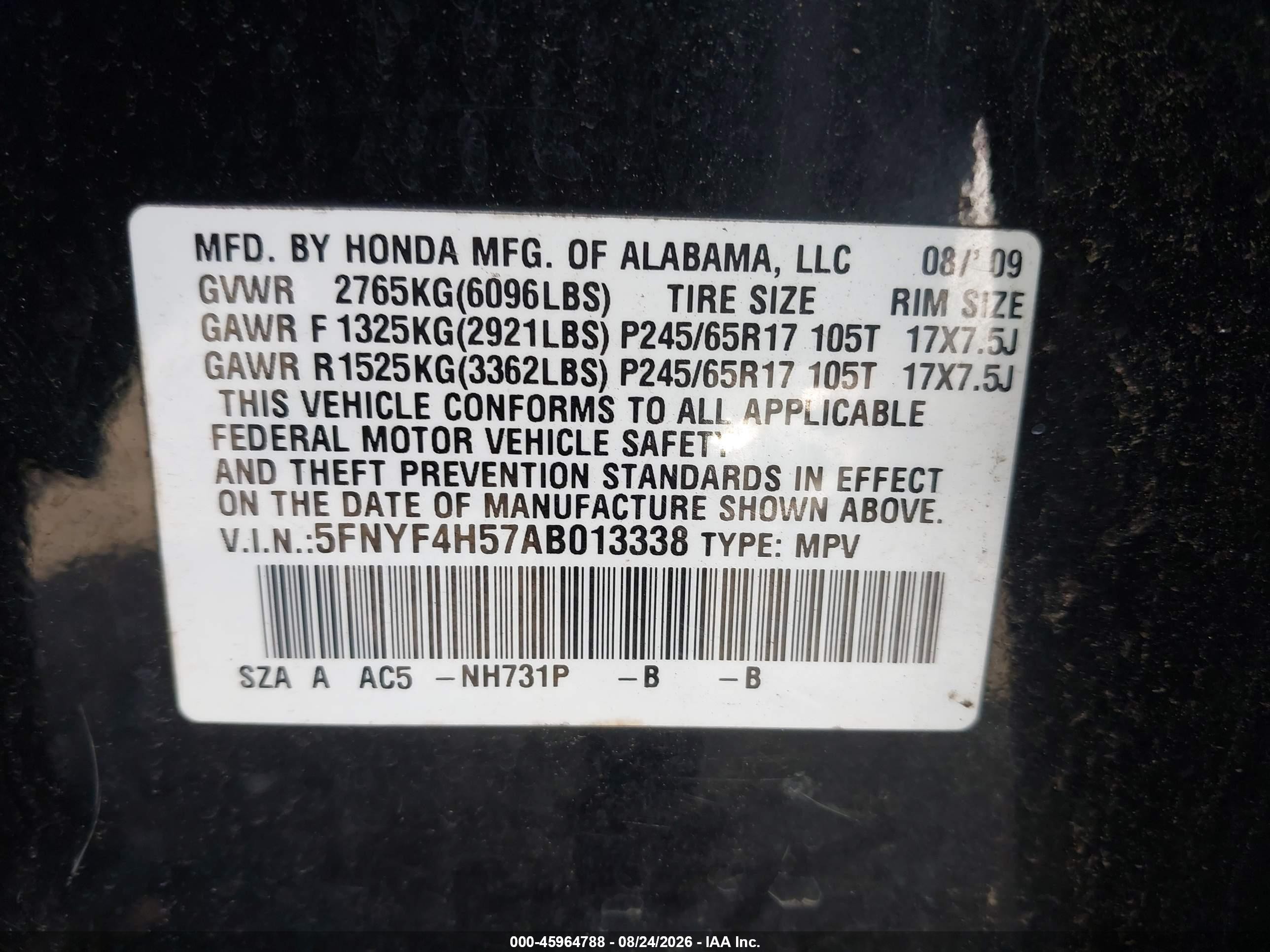 2010 Honda Pilot Ex-l Black vin: 5FNYF4H57AB013338