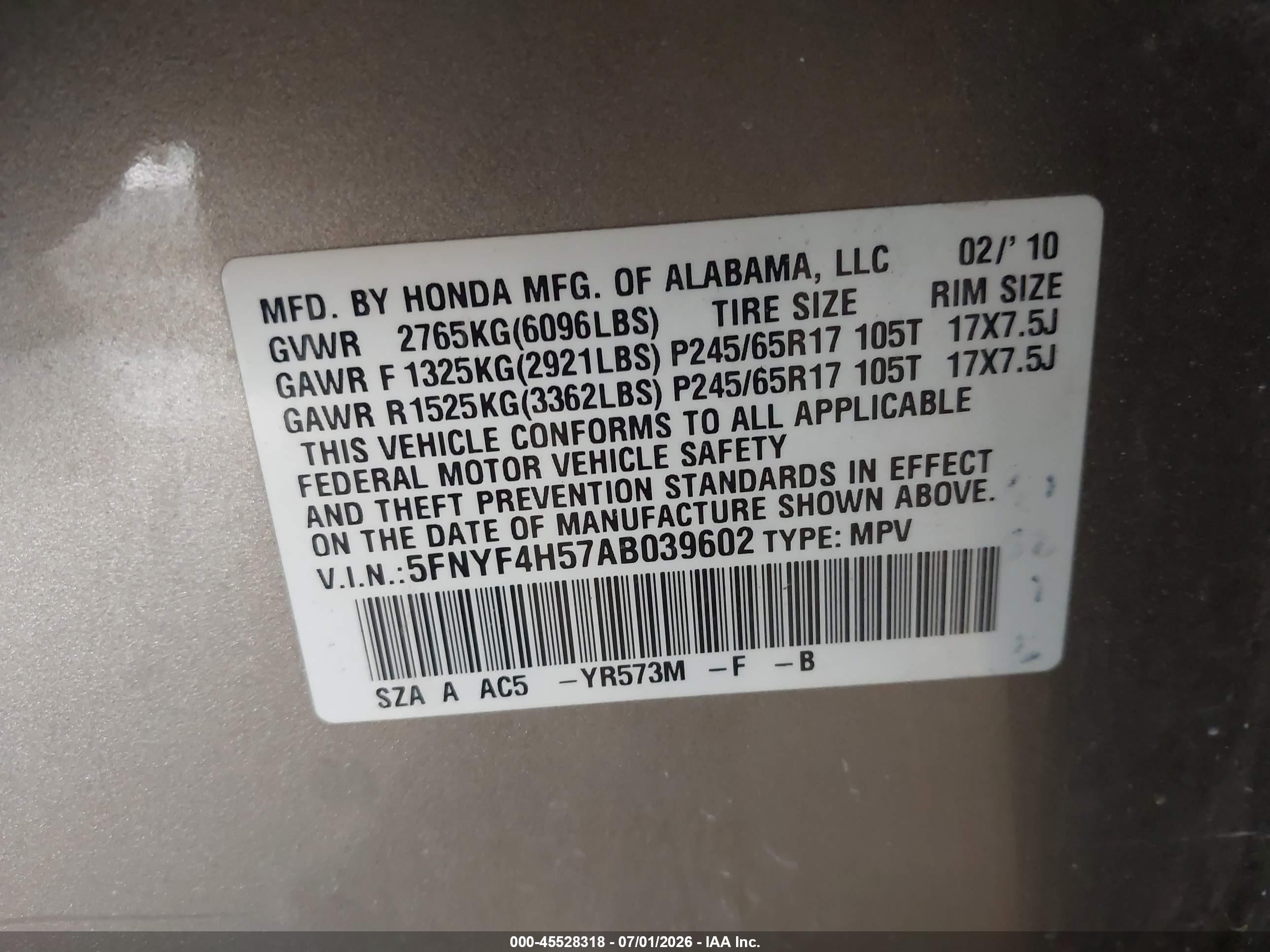 2010 Honda Pilot Ex-l Tan vin: 5FNYF4H57AB039602