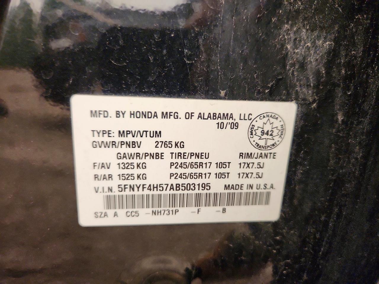 2010 Honda Pilot Exl Black vin: 5FNYF4H57AB503195