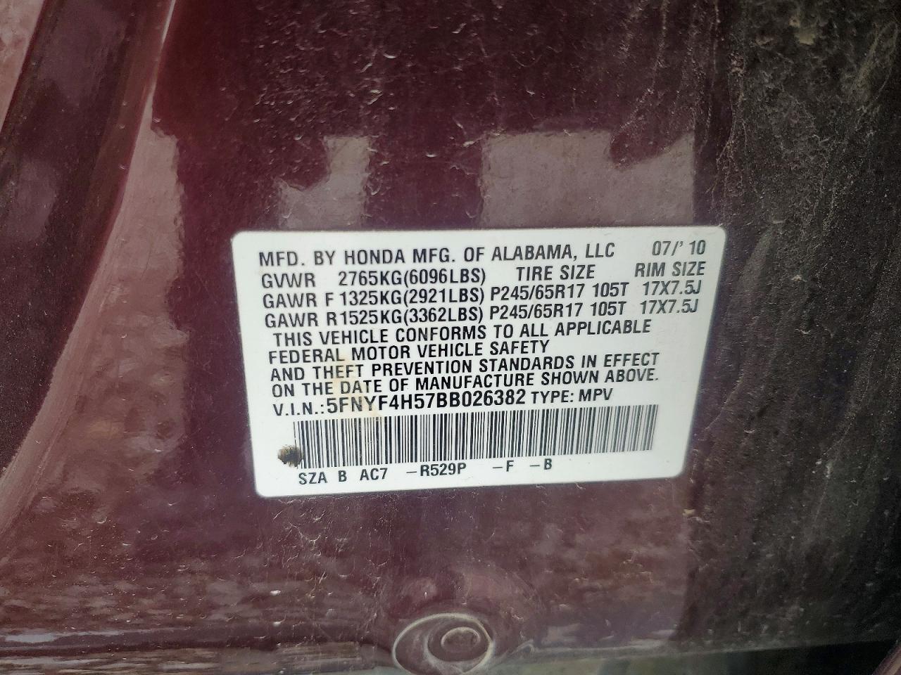 2011 Honda Pilot Exl Burgundy vin: 5FNYF4H57BB026382