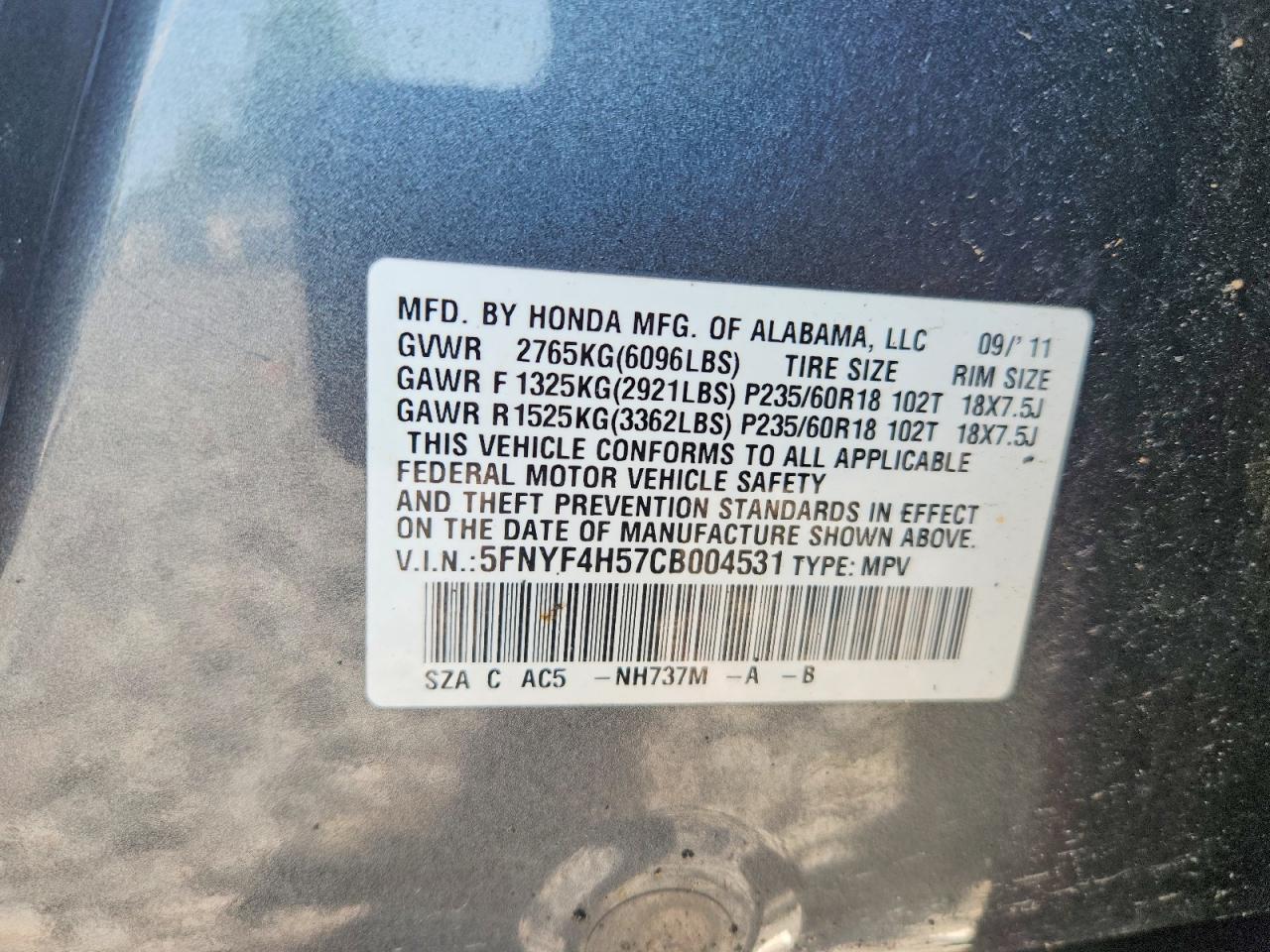 2012 Honda Pilot Exl Серый vin: 5FNYF4H57CB004531