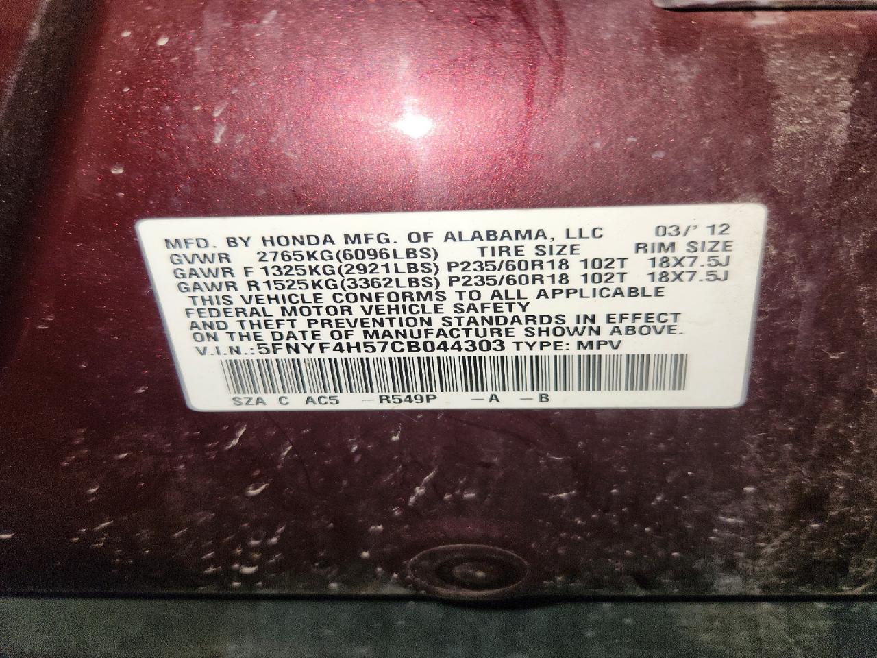 2012 Honda Pilot Exl Burgundy vin: 5FNYF4H57CB044303