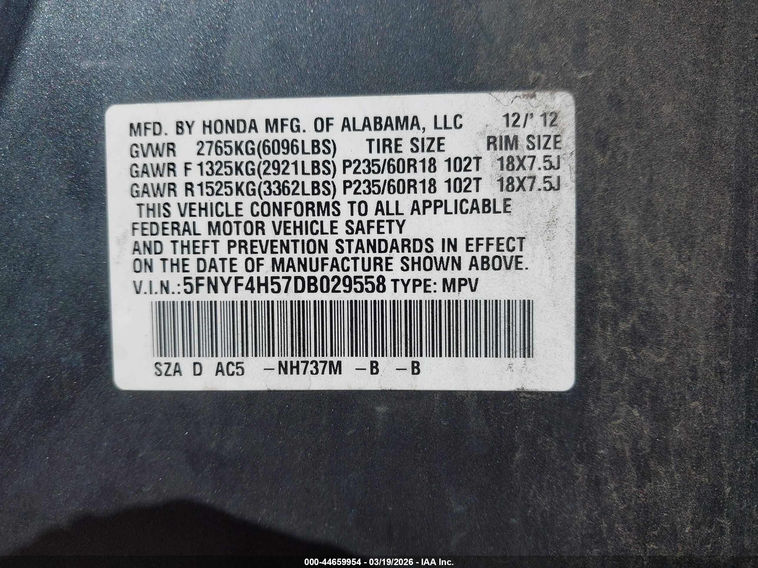 2013 Honda Pilot Ex-l Gray vin: 5FNYF4H57DB029558