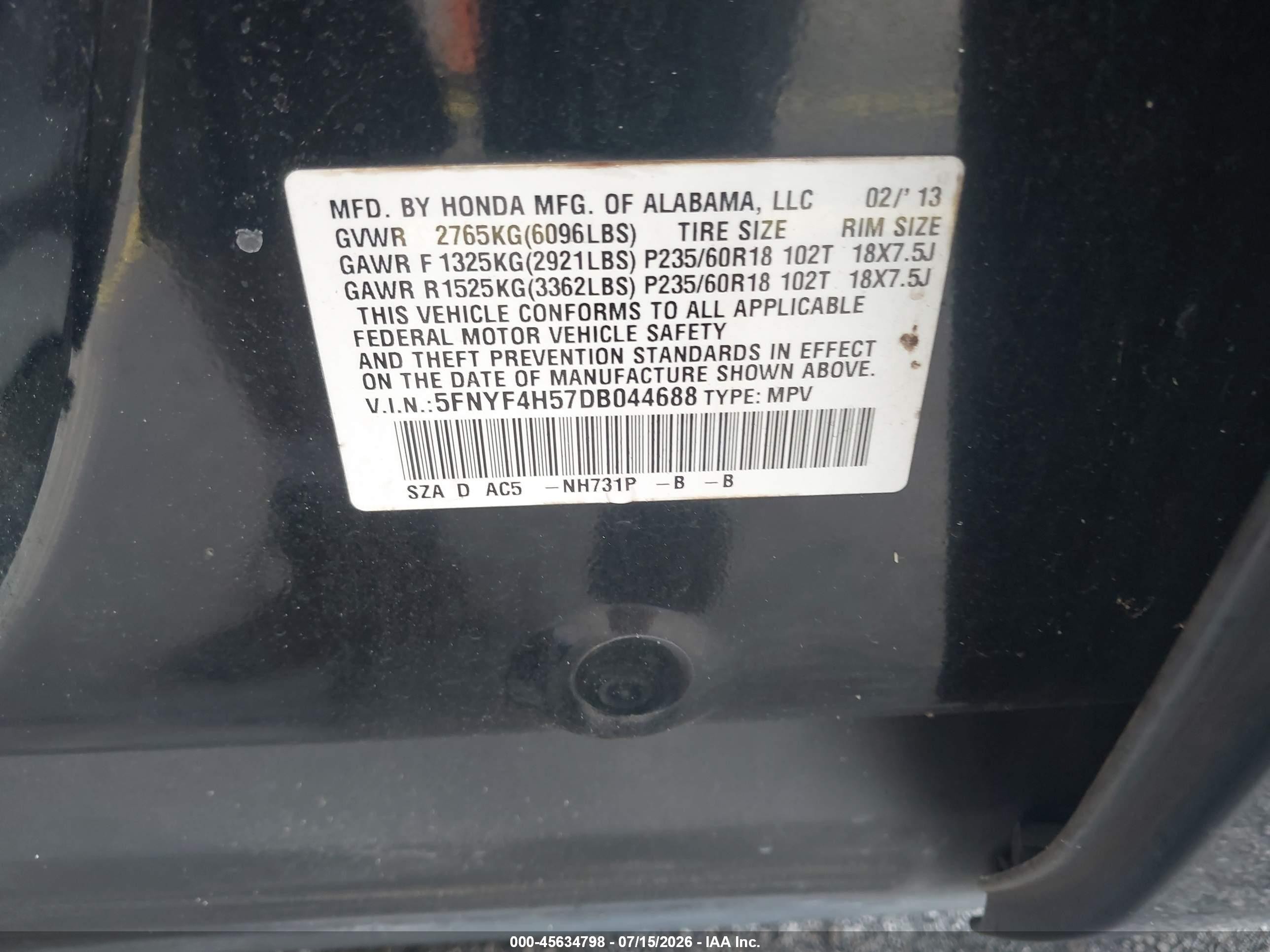 2013 Honda Pilot Ex-l Черный vin: 5FNYF4H57DB044688