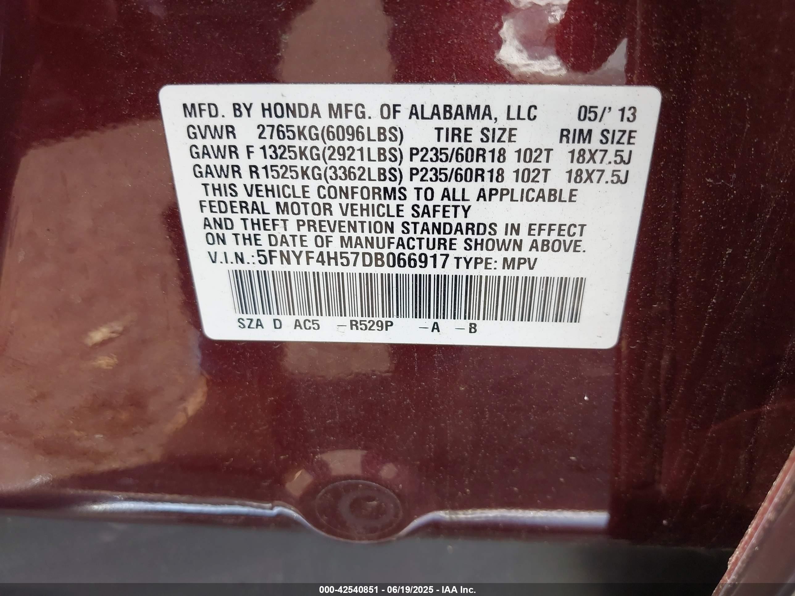 2013 Honda Pilot Ex-l Burgundy vin: 5FNYF4H57DB066917