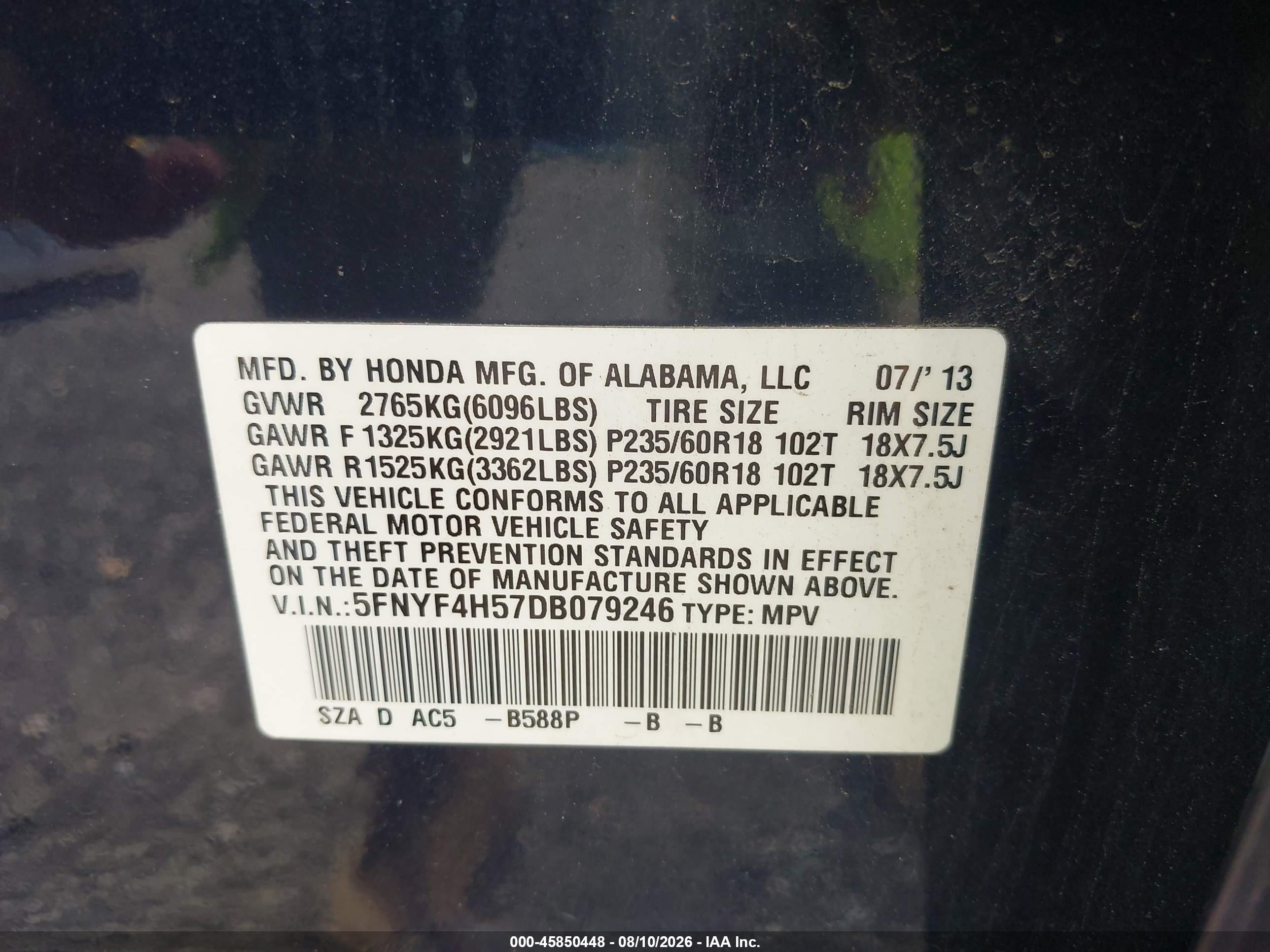 2013 Honda Pilot Ex-l Blue vin: 5FNYF4H57DB079246