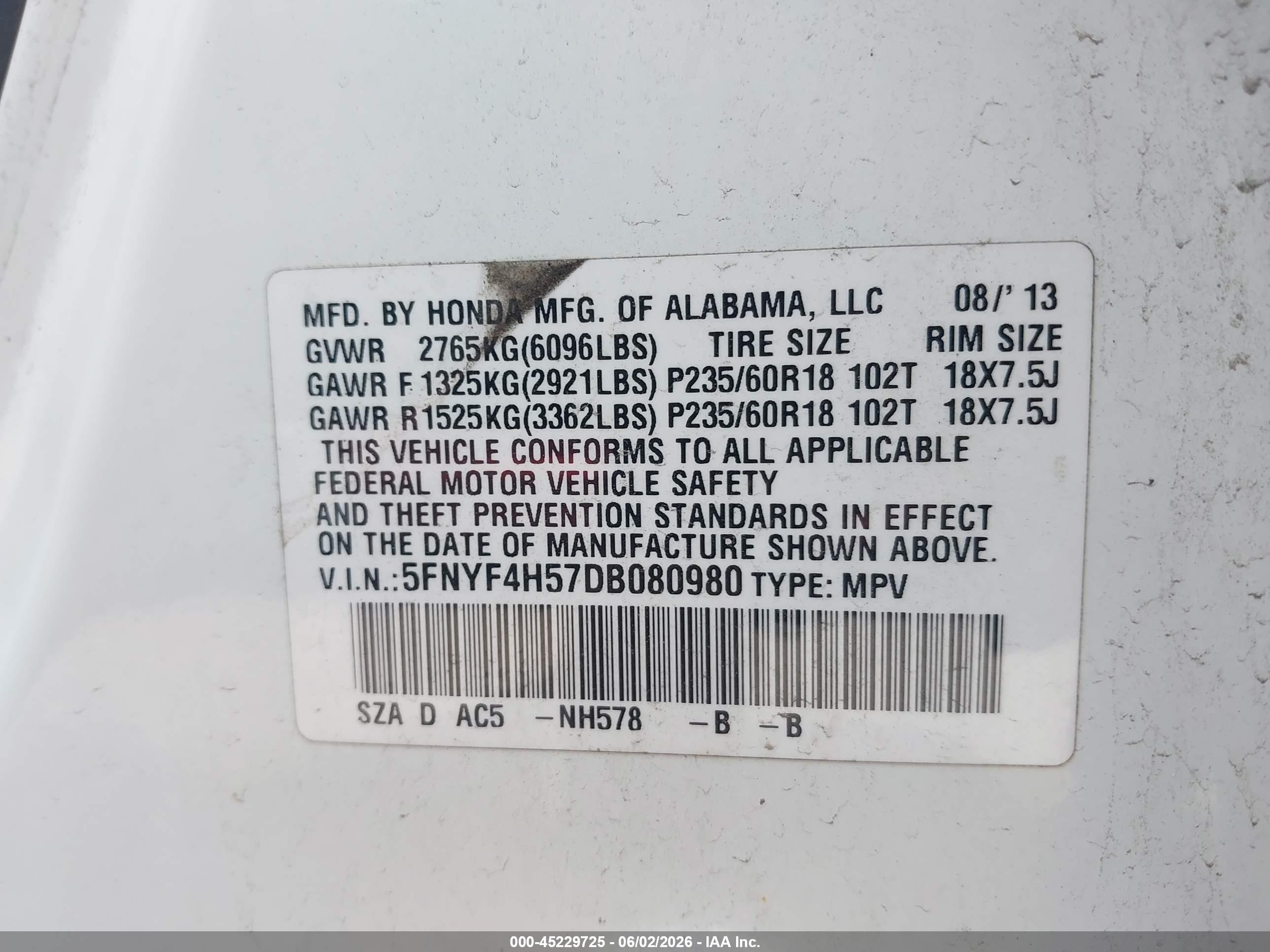 2013 Honda Pilot Ex-l White vin: 5FNYF4H57DB080980