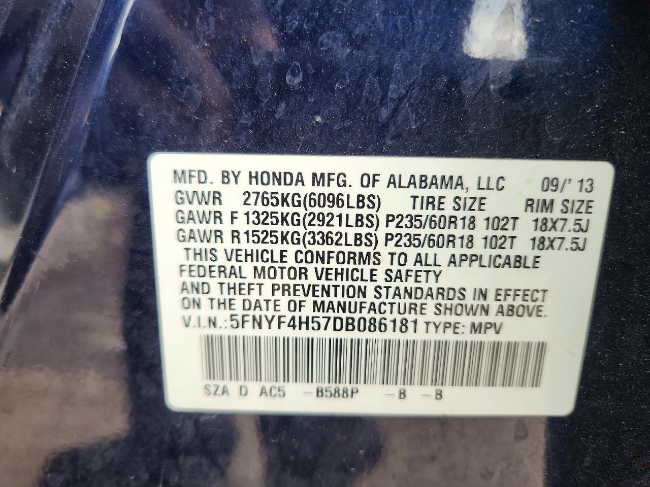 2013 Honda Pilot Exl Blue vin: 5FNYF4H57DB086181