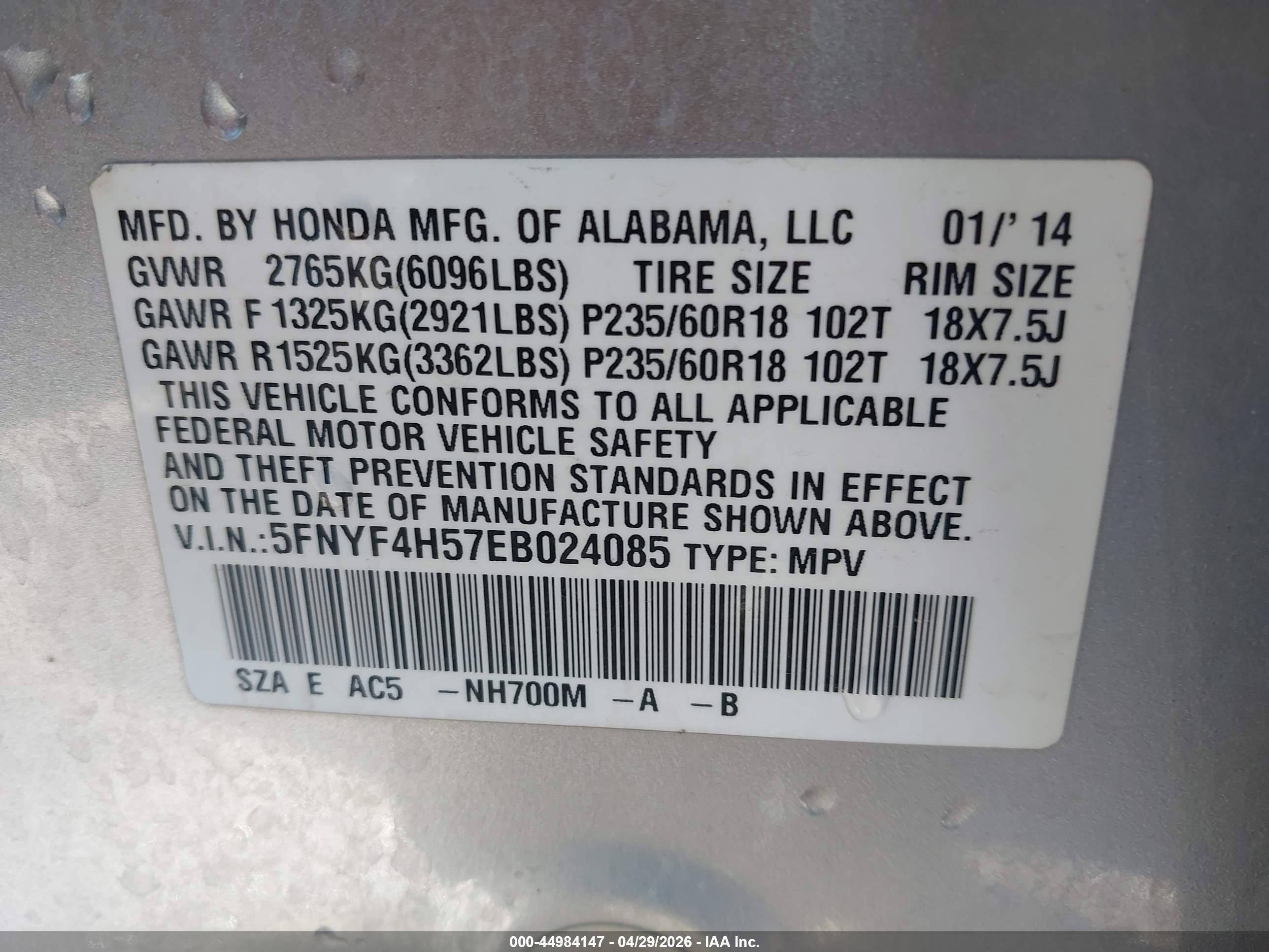 2014 Honda Pilot Ex-l Silver vin: 5FNYF4H57EB024085