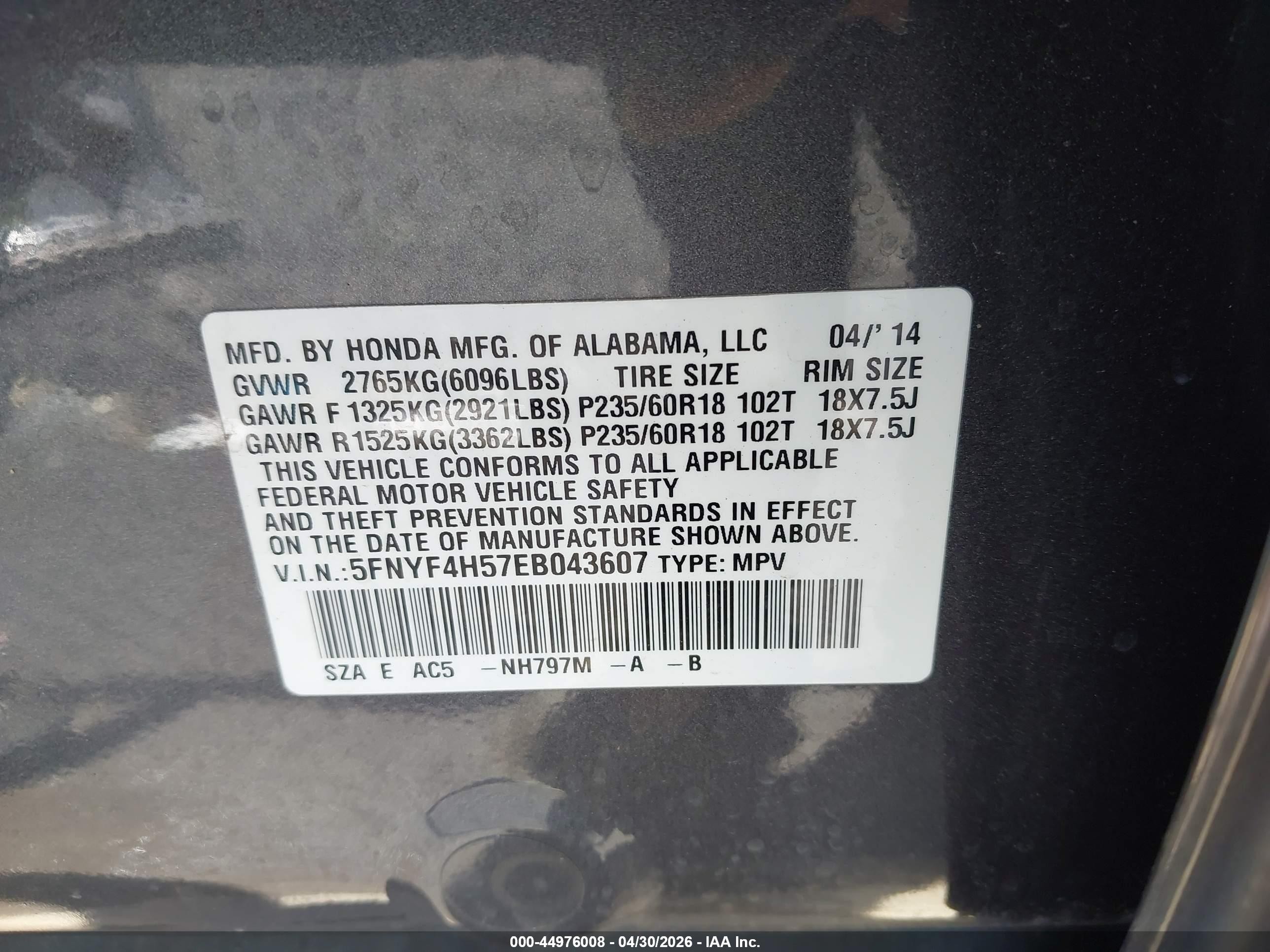 2014 Honda Pilot Ex-l Gray vin: 5FNYF4H57EB043607