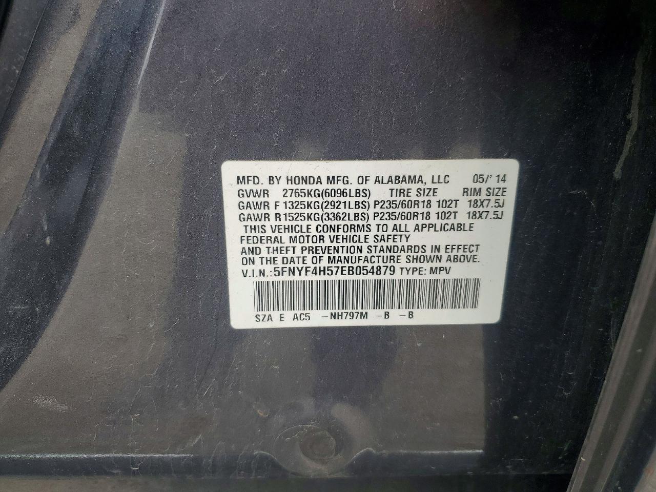2014 Honda Pilot Exl Charcoal vin: 5FNYF4H57EB054879