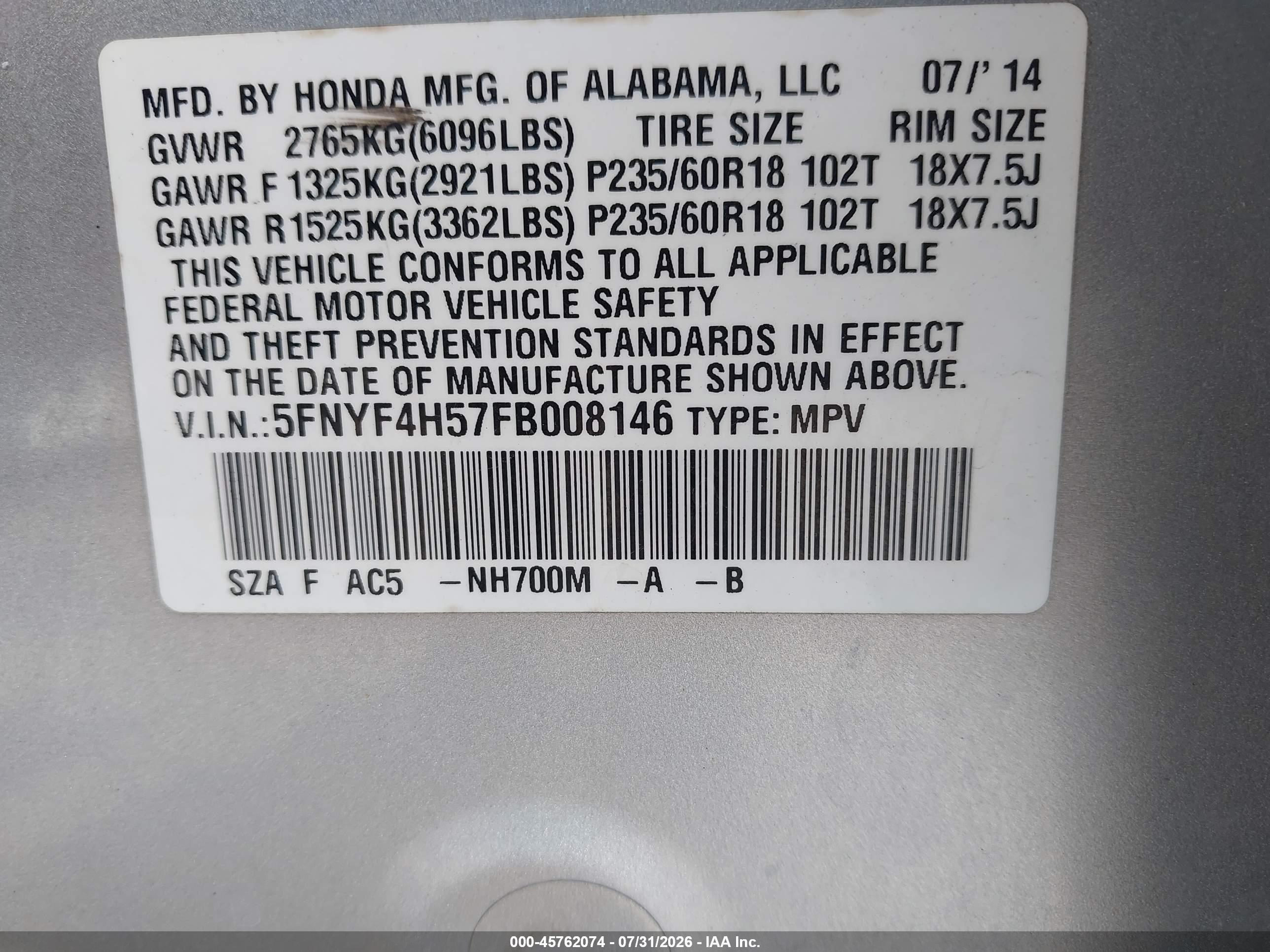 2015 Honda Pilot Ex-l Gray vin: 5FNYF4H57FB008146