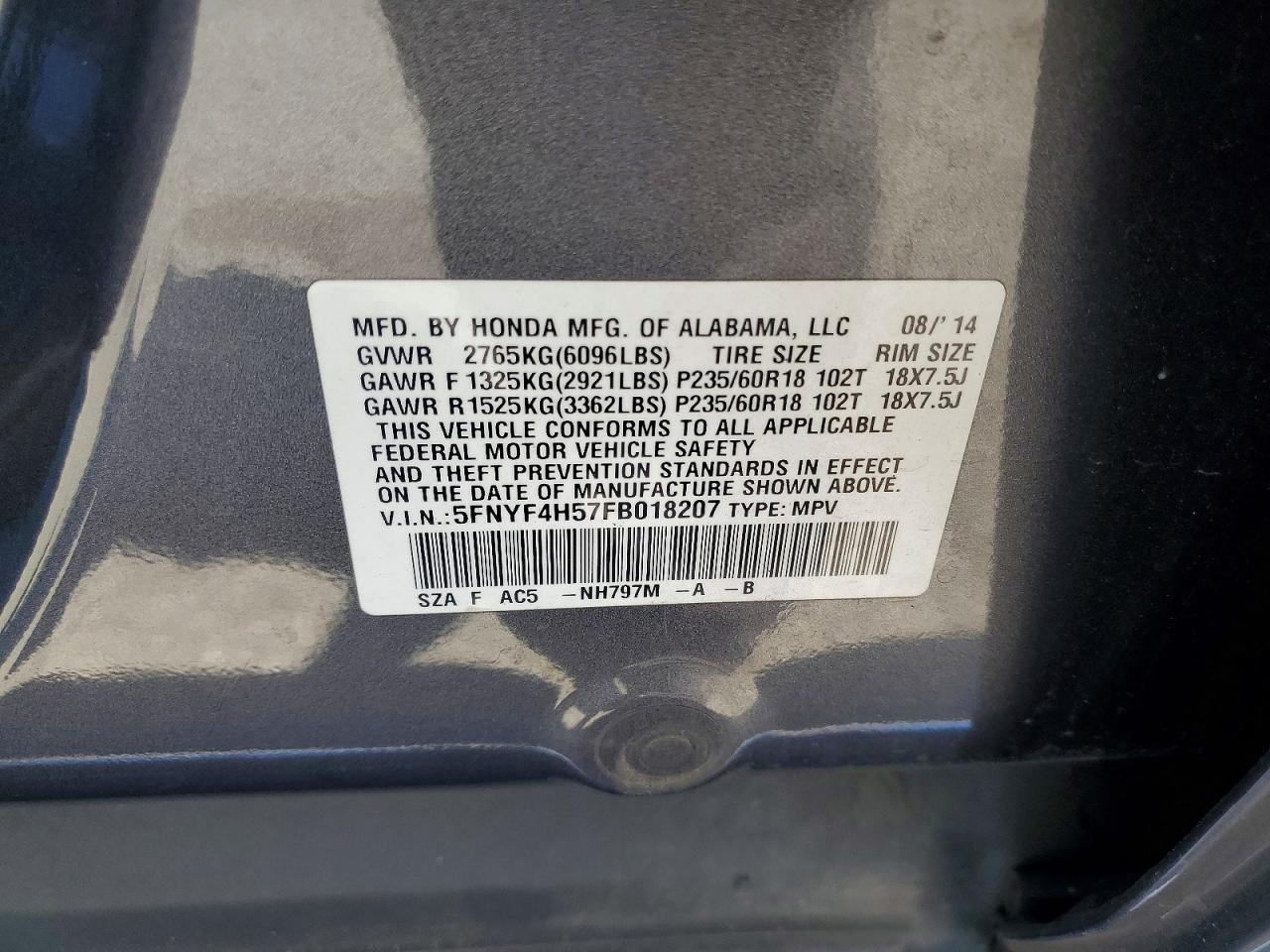 2015 Honda Pilot Exl Gray vin: 5FNYF4H57FB018207
