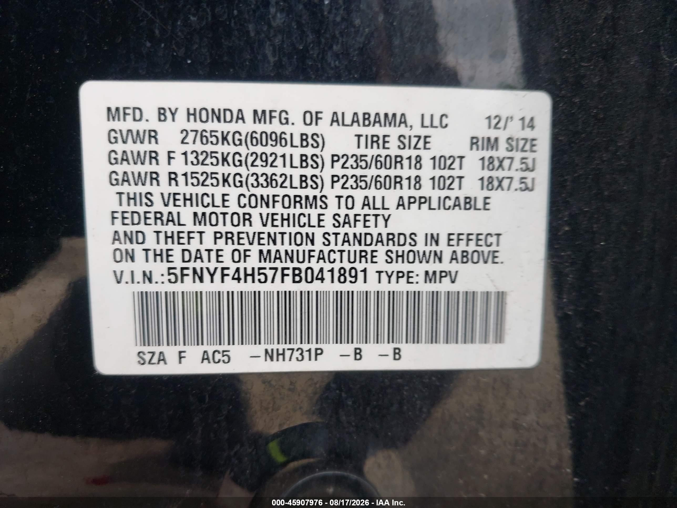 2015 Honda Pilot Ex-l Черный vin: 5FNYF4H57FB041891
