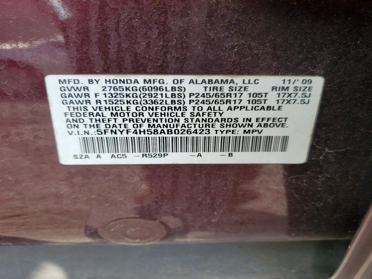 2010 Honda Pilot Exl Burgundy vin: 5FNYF4H58AB026423