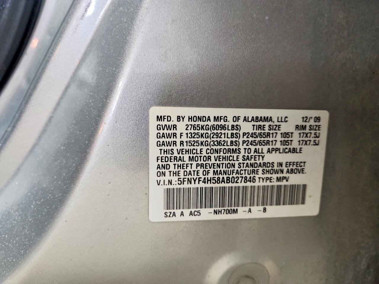2010 Honda Pilot Exl Silver vin: 5FNYF4H58AB027846