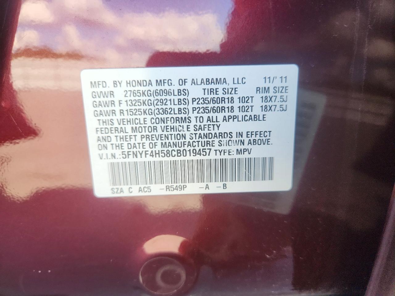 2012 Honda Pilot Exl Burgundy vin: 5FNYF4H58CB019457