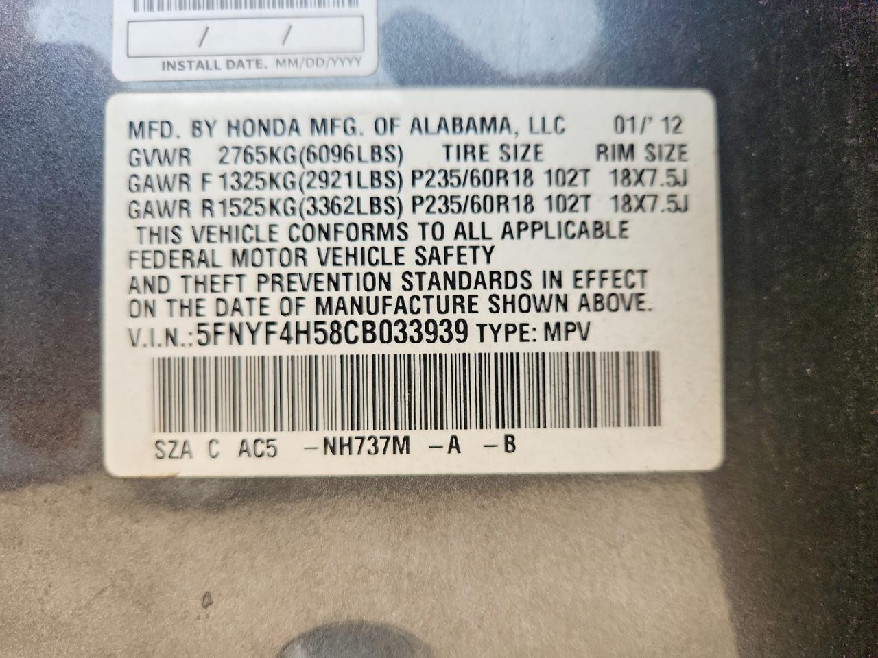 2012 Honda Pilot Exl Gray vin: 5FNYF4H58CB033939