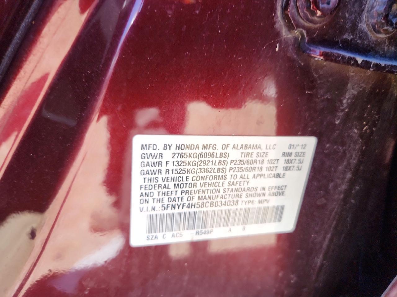 2012 Honda Pilot Exl Burgundy vin: 5FNYF4H58CB034038