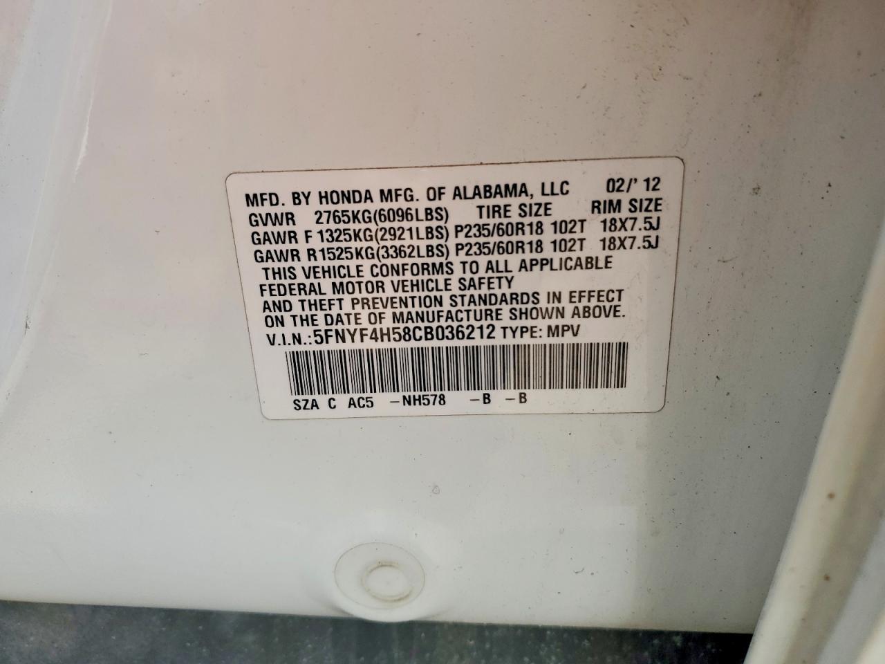2012 Honda Pilot Exl White vin: 5FNYF4H58CB036212