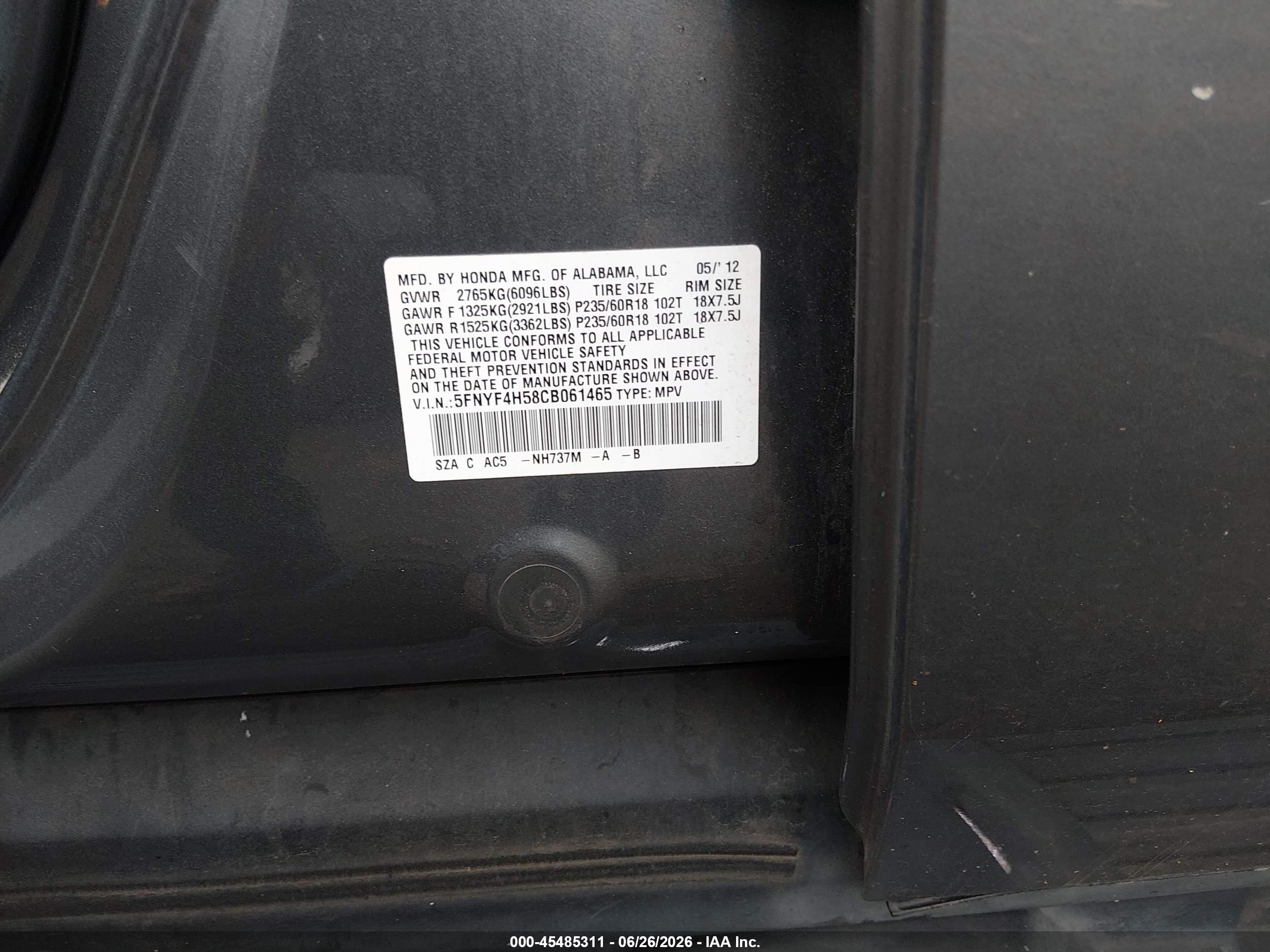2012 Honda Pilot Ex-l Серый vin: 5FNYF4H58CB061465