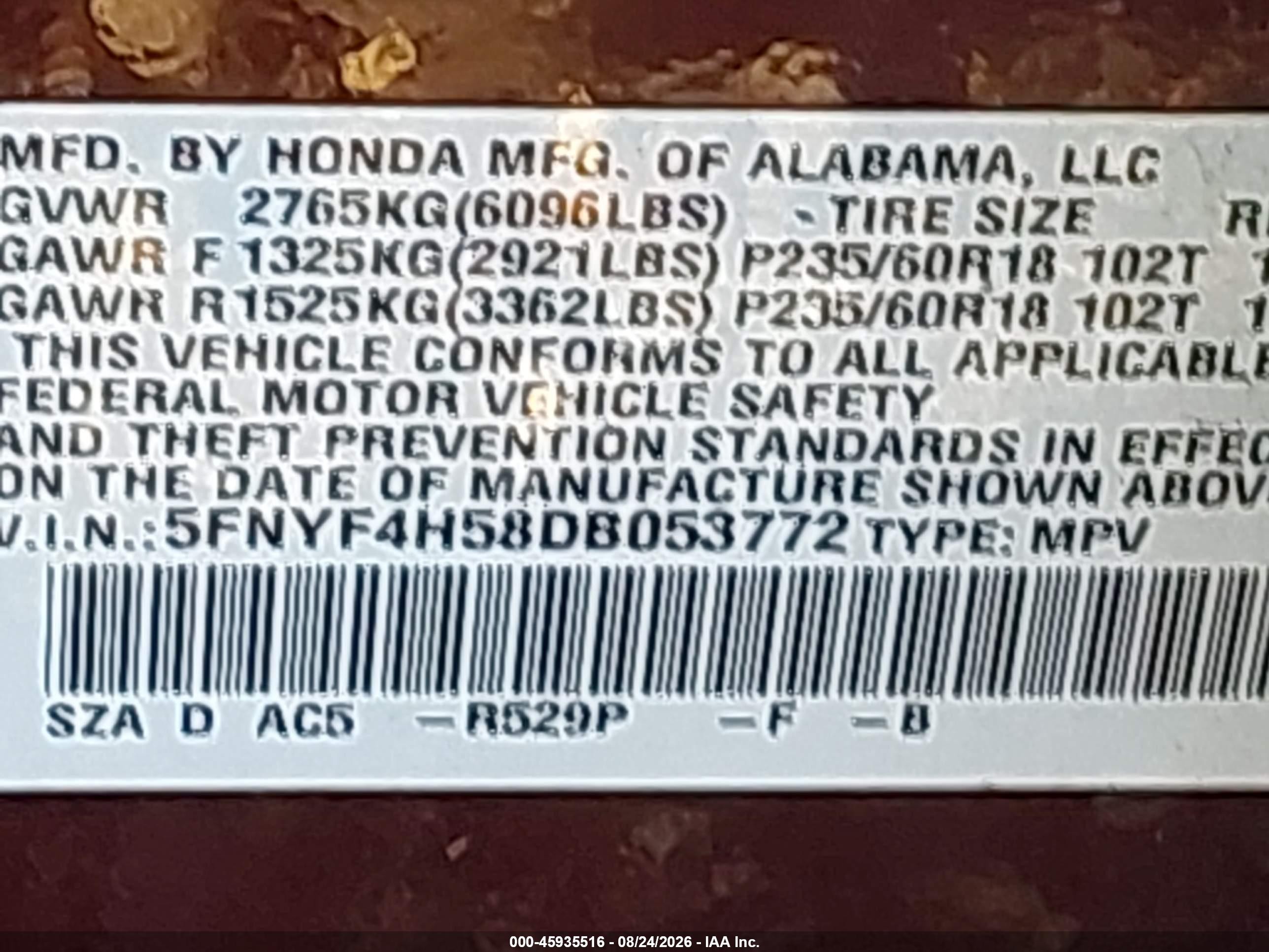 2013 Honda Pilot Ex-l Red vin: 5FNYF4H58DB053772