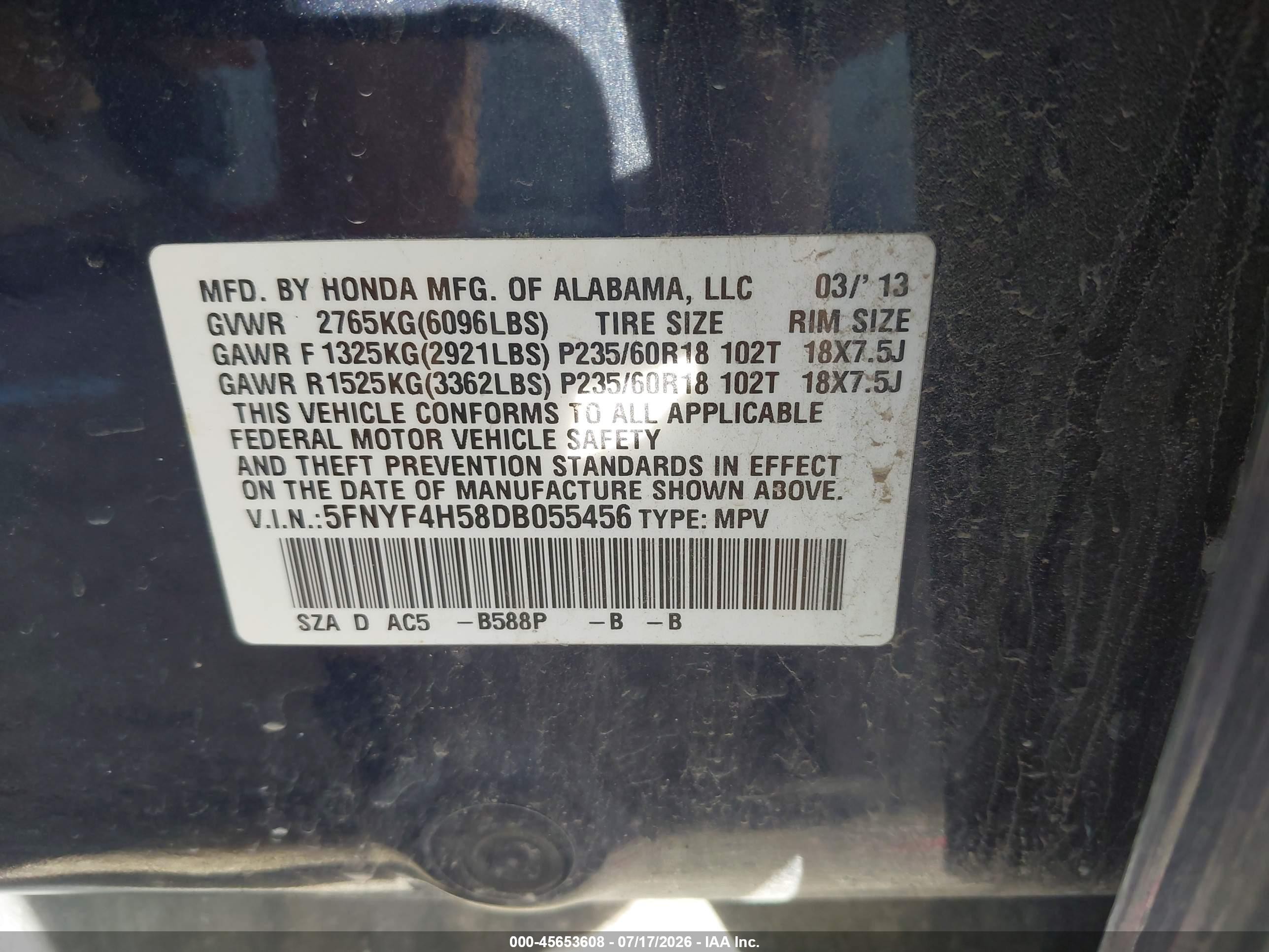 2013 Honda Pilot Ex-l Blue vin: 5FNYF4H58DB055456