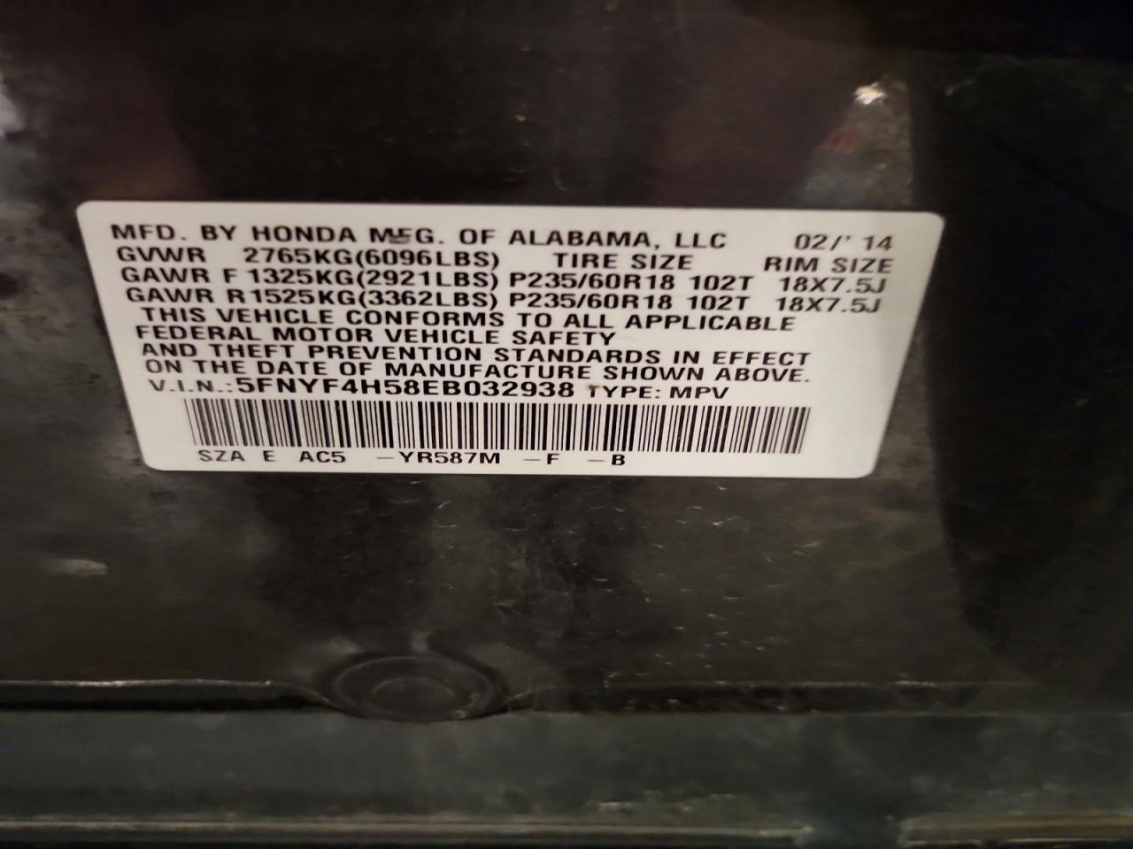 2014 Honda Pilot Exl Charcoal vin: 5FNYF4H58EB032938
