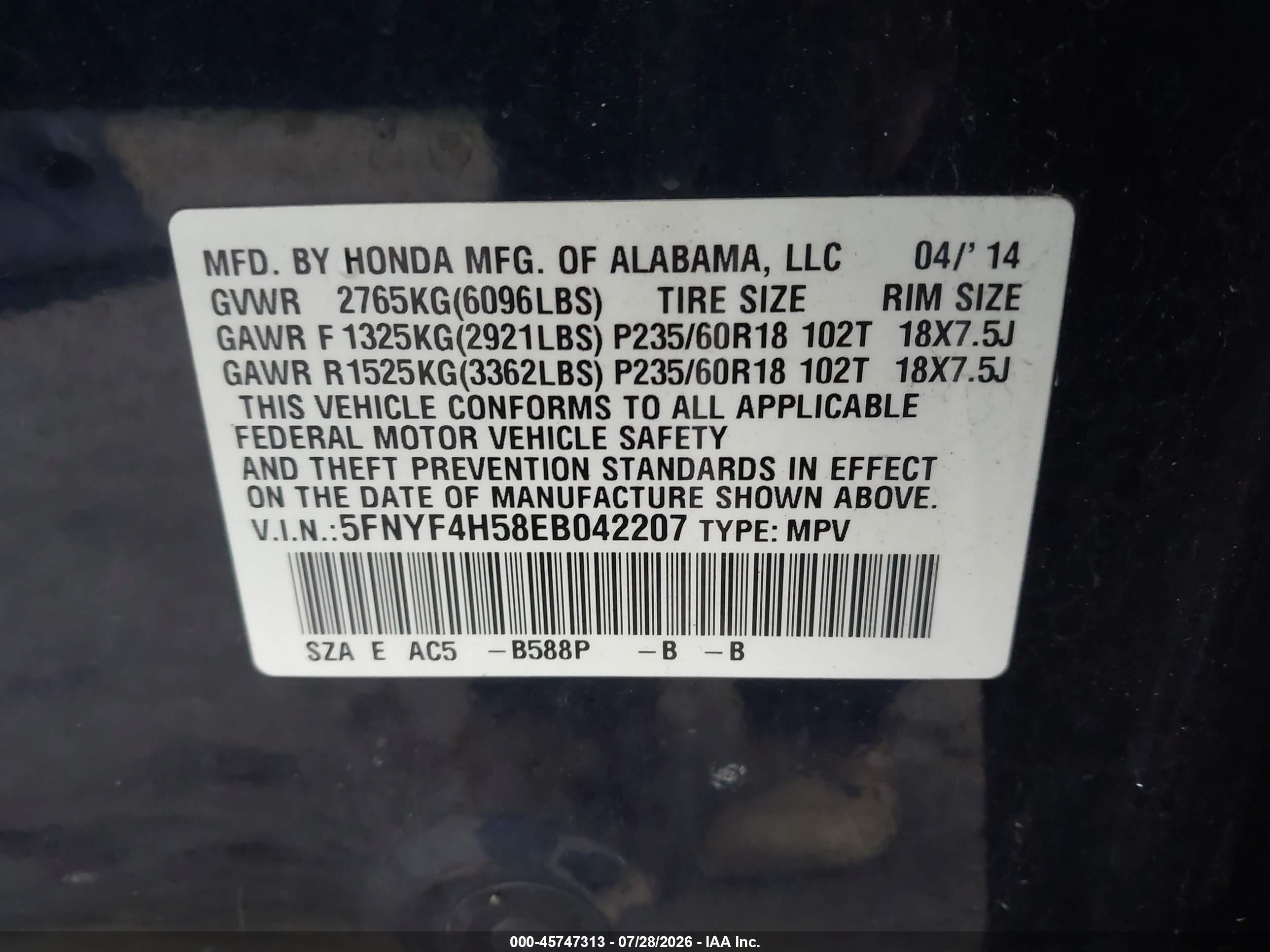 2014 Honda Pilot Ex-l Blue vin: 5FNYF4H58EB042207